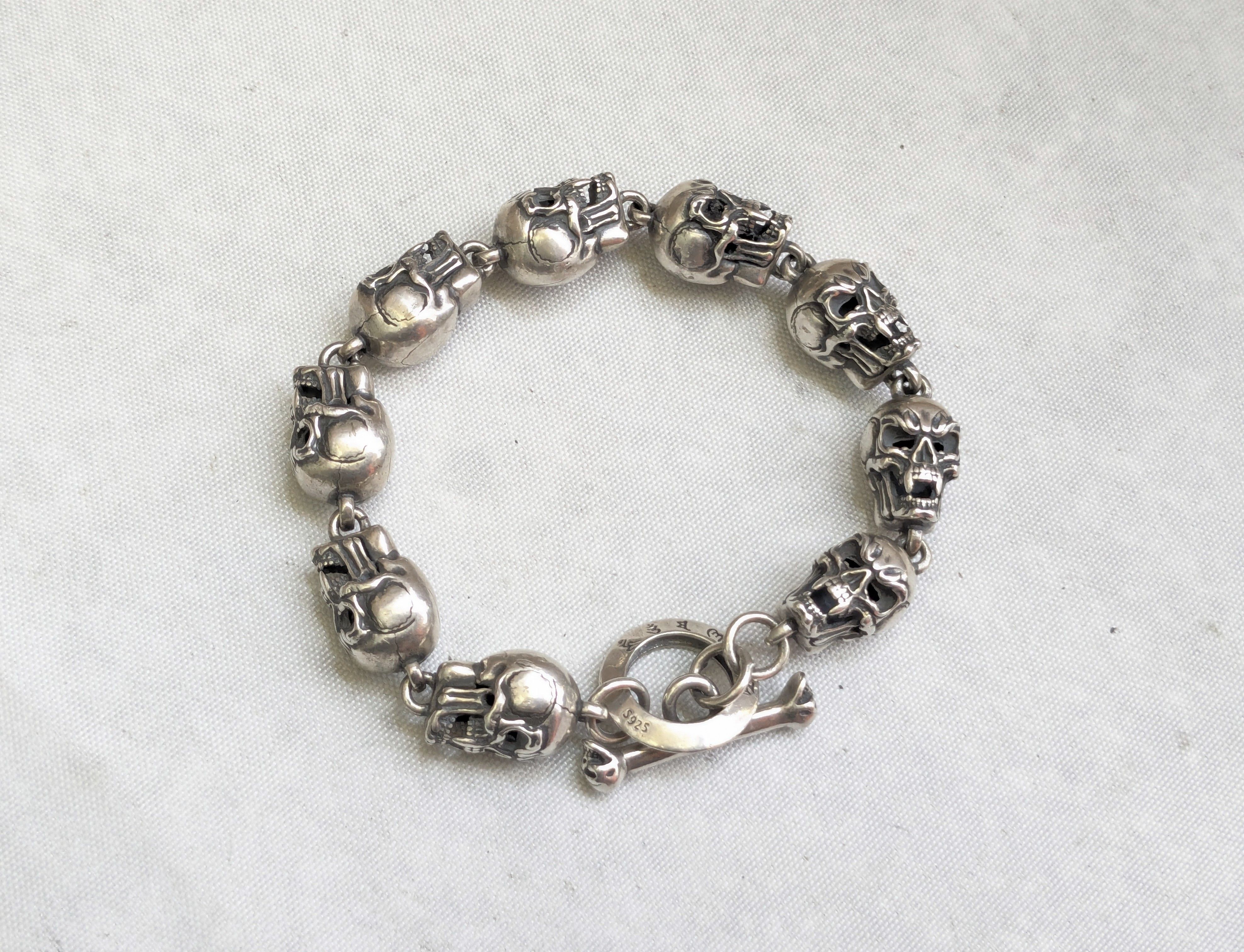 Jewelry Sterling Silver Skull Bracelet 6.75" Biker Punk Skeleton Size ONE SIZE - 2 Thumbnail