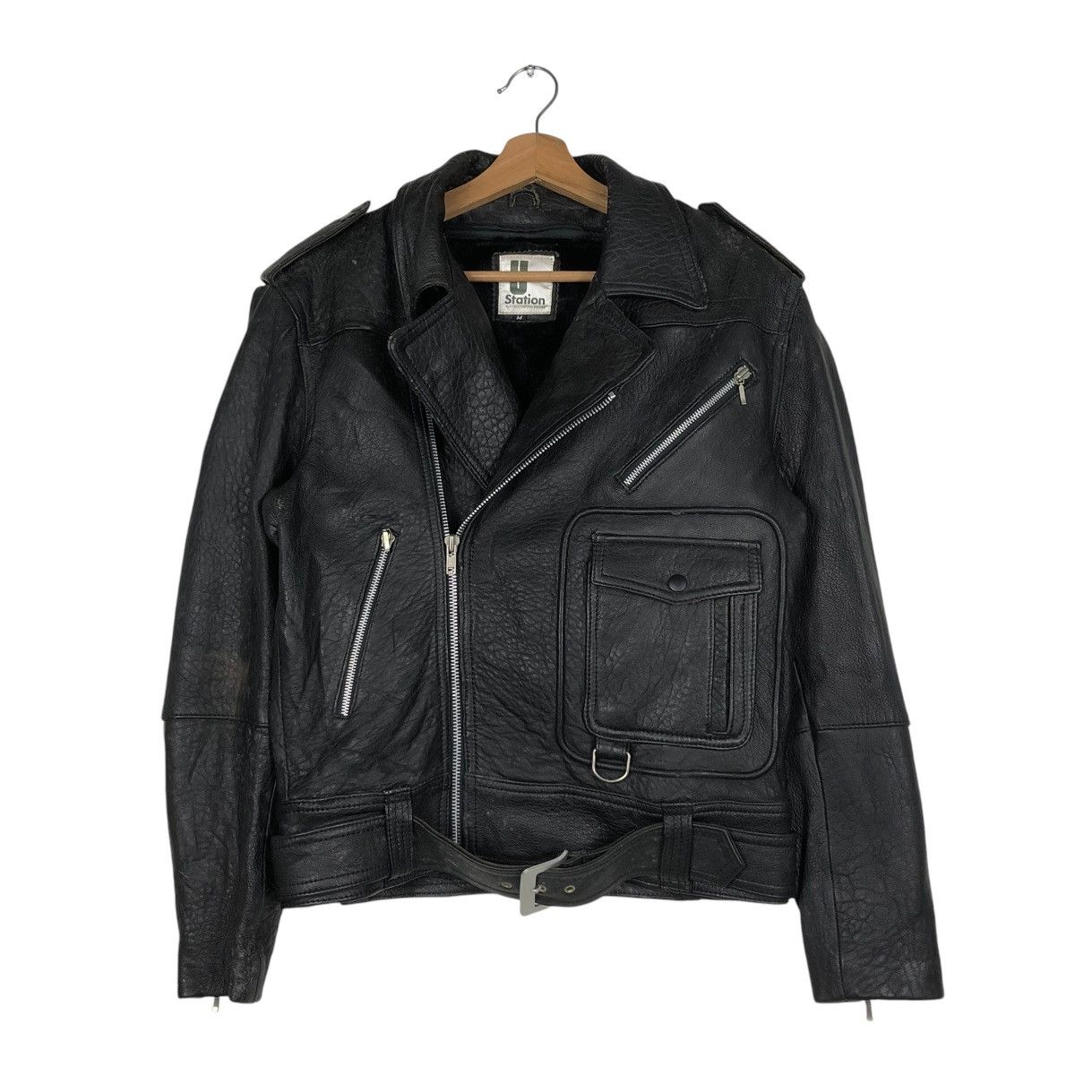 Japanese Brand 🔥VINTAGE BIKER LEATHER JACKET DOUBLE COLLAR U STATION Size US M / EU 48-50 / 2 - 3 Thumbnail