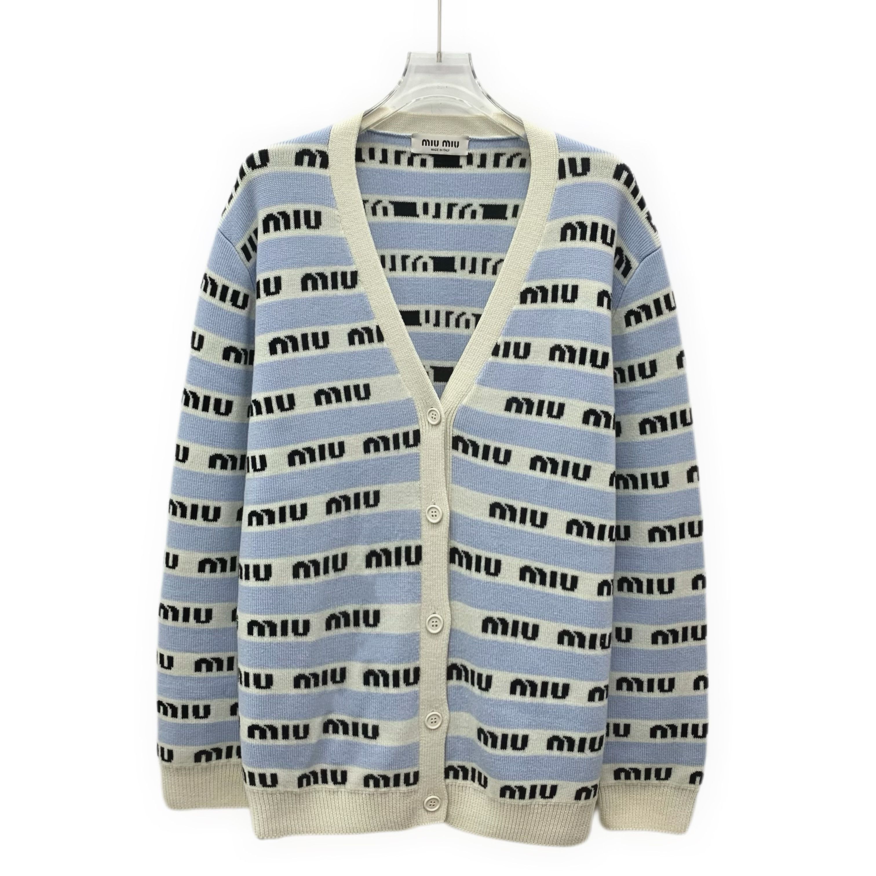 Miu Miu Miu Miu Striped Logo Wool Cardigan Light Blue (40) Size US XXS / EU 40 - 1 Thumbnail