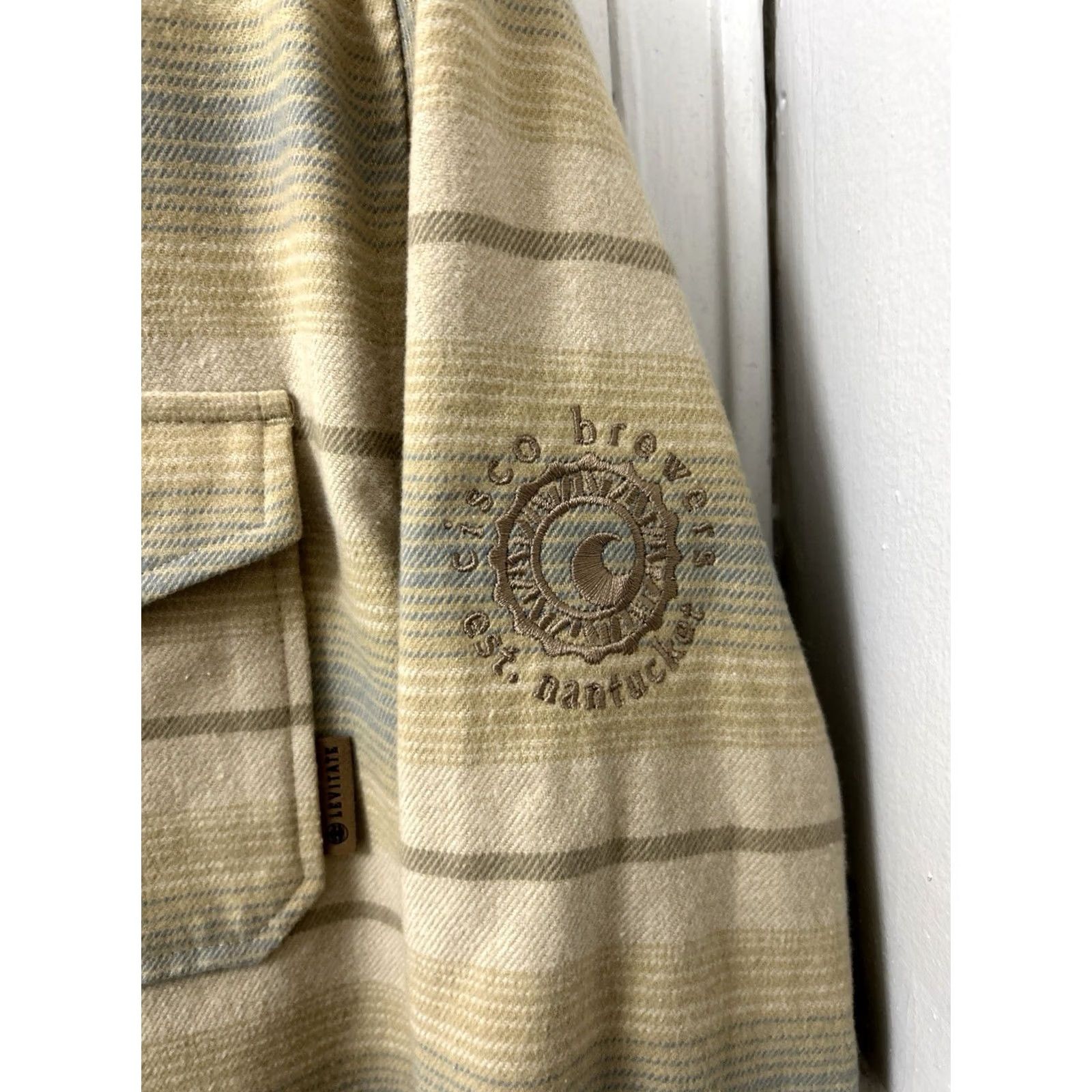 Vintage Levitate Shirt Mens M Tan Blue Striped Flannel Button-Down L/S Organic Cotton Recycled Polyester Embroidered Pockets Casual Workwear Vintage No Size US M / EU 48-50 / 2 - 5 Thumbnail