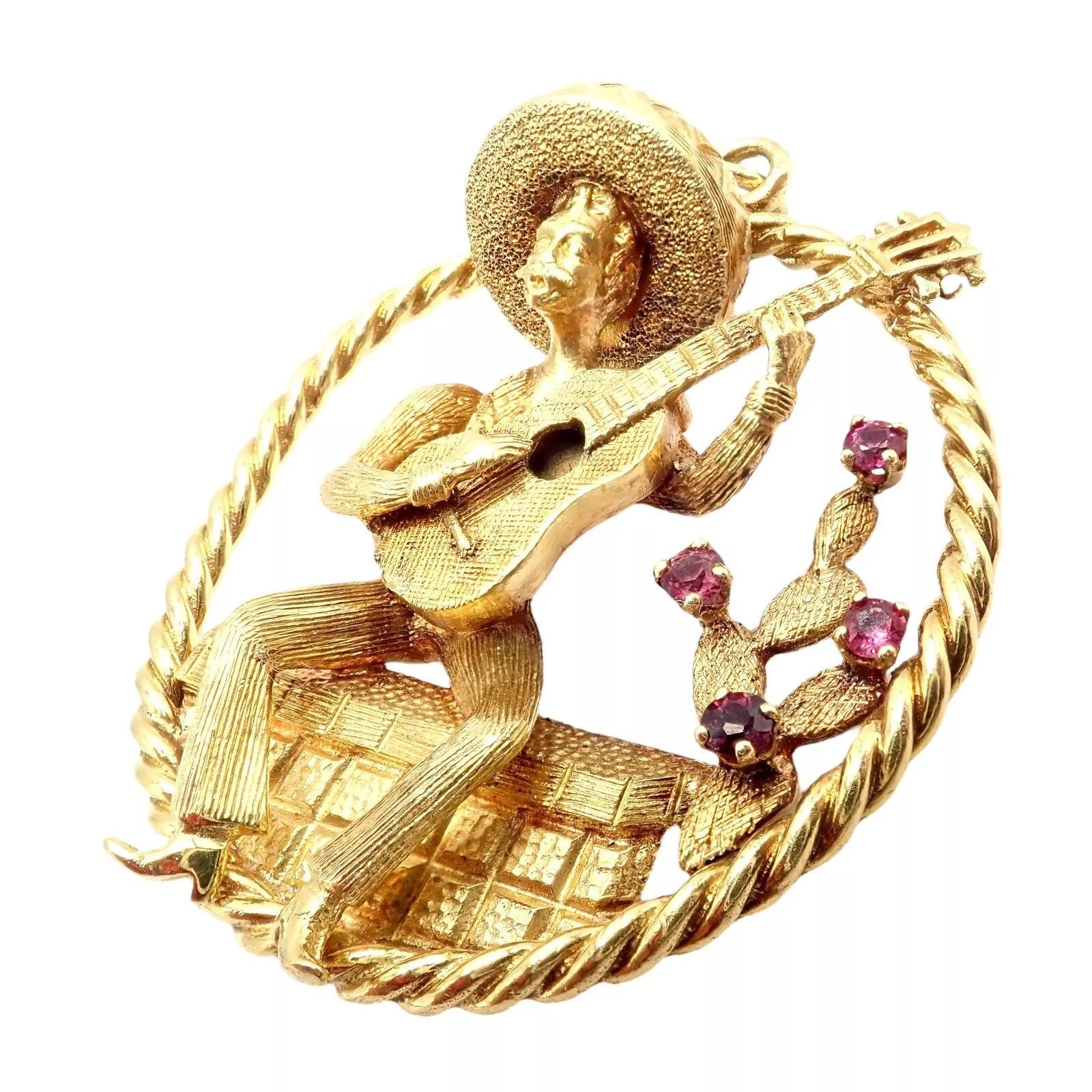 Vintage Rudi Cherny Yellow Gold Guitar Player Cactus Ruby Pendant Size ONE SIZE - 8 Thumbnail