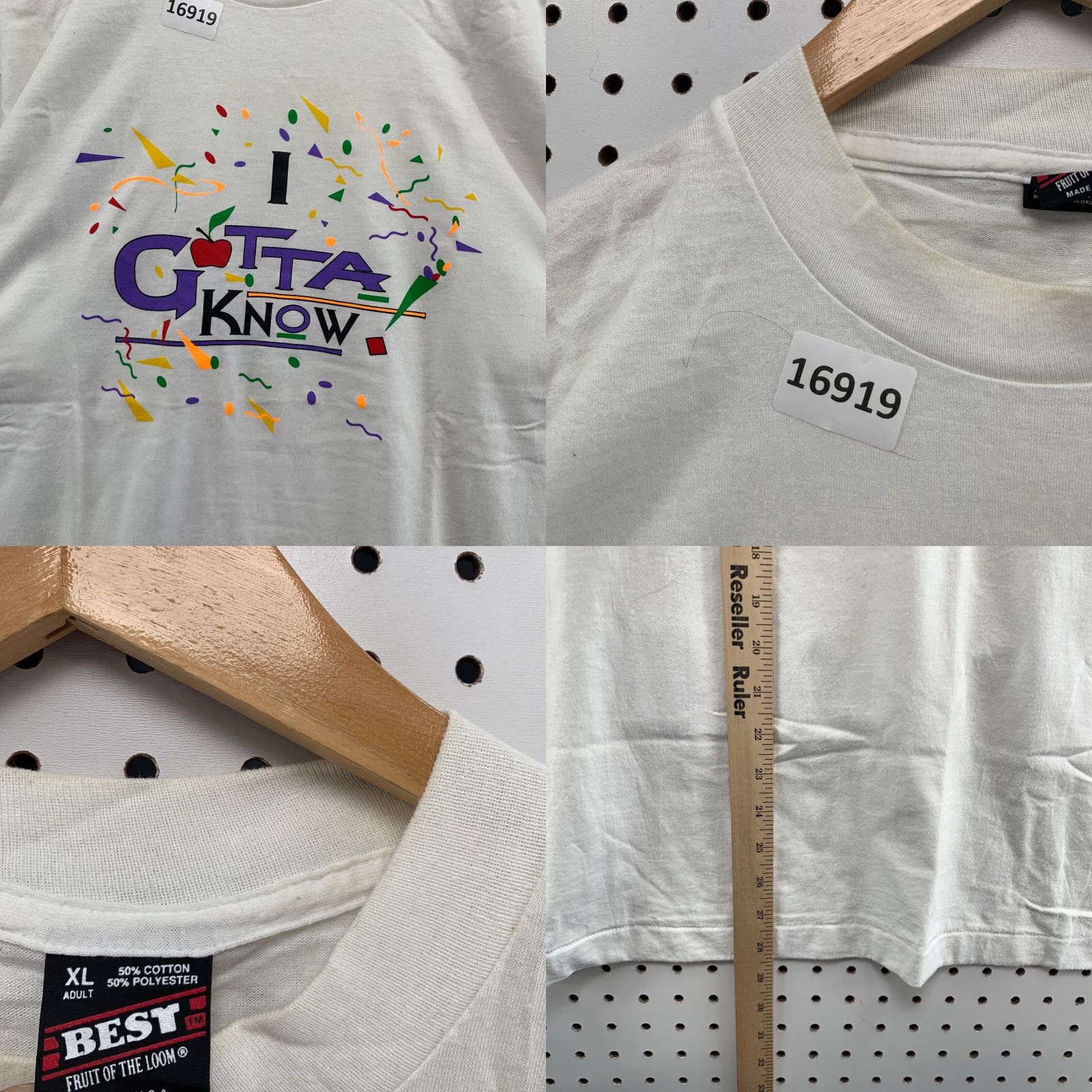 Fruit Of The Loom VINTAGE Fruit of the Loom 90s T-Shirt Adult XL White "I Gotta Know" Short Sleeve Teacher Mens Size US XL / EU 56 / 4 - 8 Thumbnail