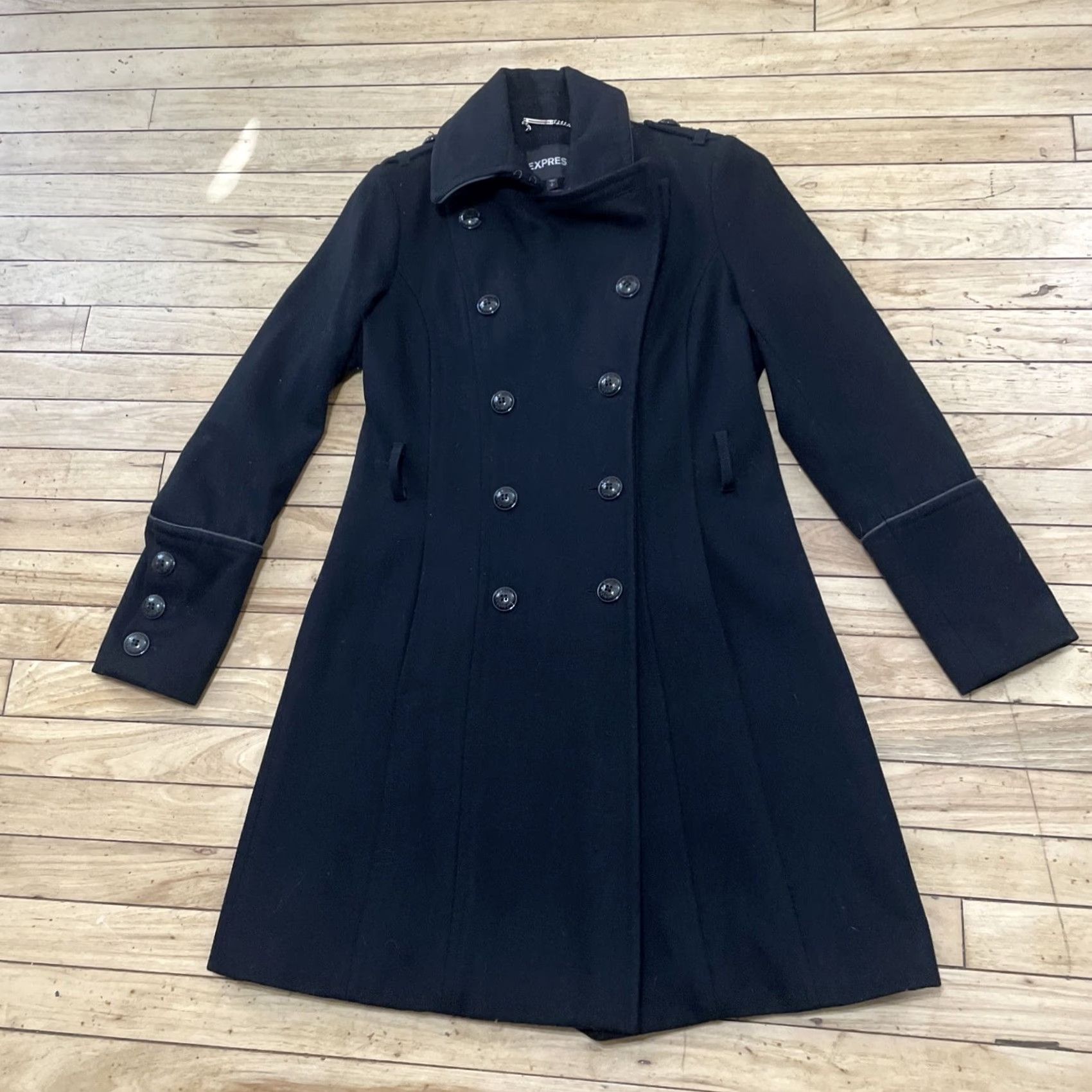 Express VINTAGE Express Wool Trench Peacoat Women S Black 10 Button Leopard Cheetah Lined Heavy Overcoat w/o Belt Coat Women Black xs? Size S / US 4 / IT 40 - 3 Thumbnail