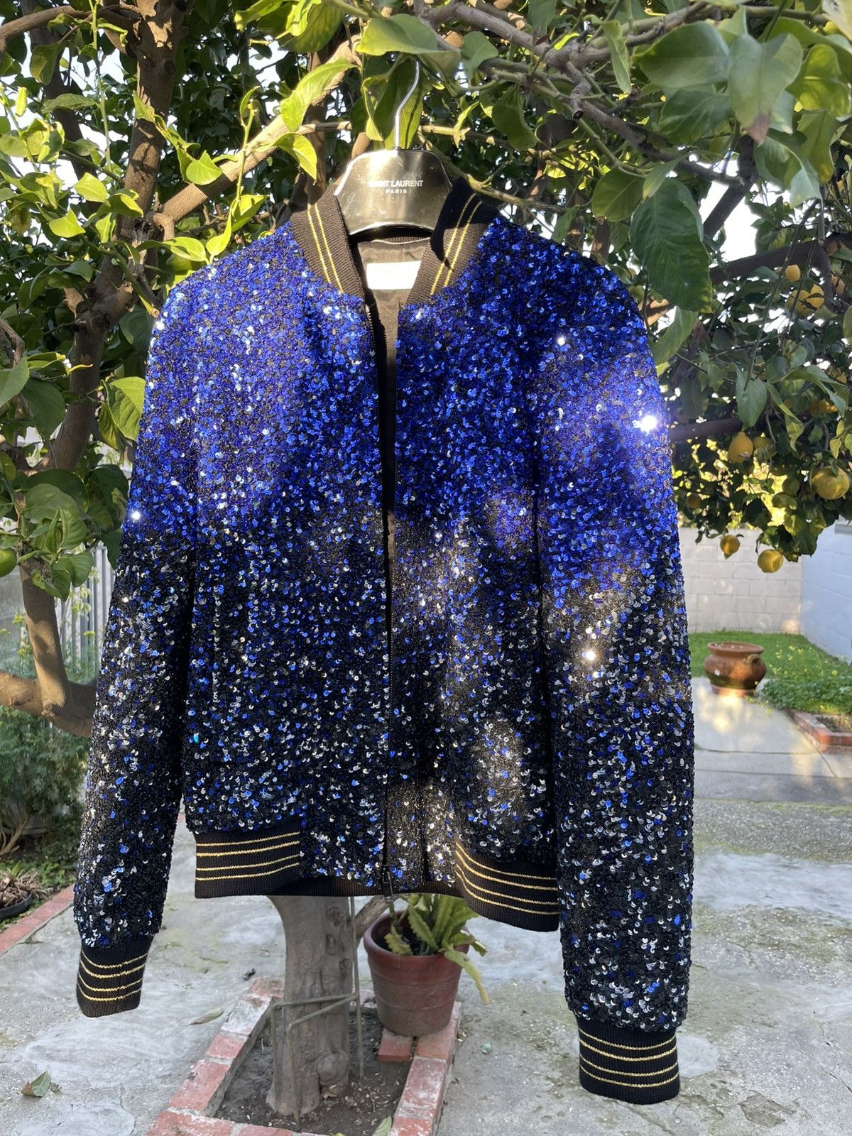 Saint Laurent Paris Saint Laurent Paris Teddy Varsity Sequin Bomber Jacket Blue Size US XS / EU 42 / 0 - 16 Thumbnail