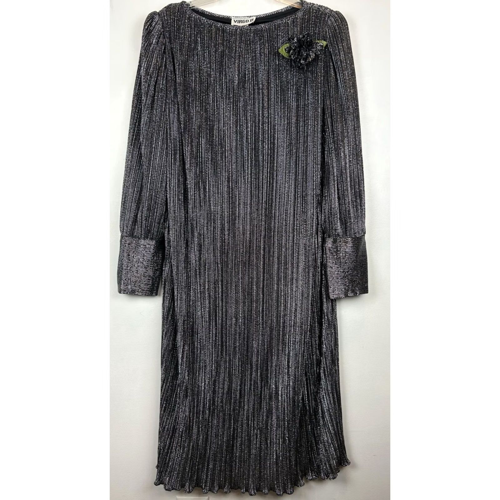 Vintage VINTAGE Virgo II Midi Dress Women 12 Shift Silver Metallic Solid Long Sleeve Party Cocktail Dress Womens Choice Size XL / US 12-14 / IT 48-50 - 2 Thumbnail