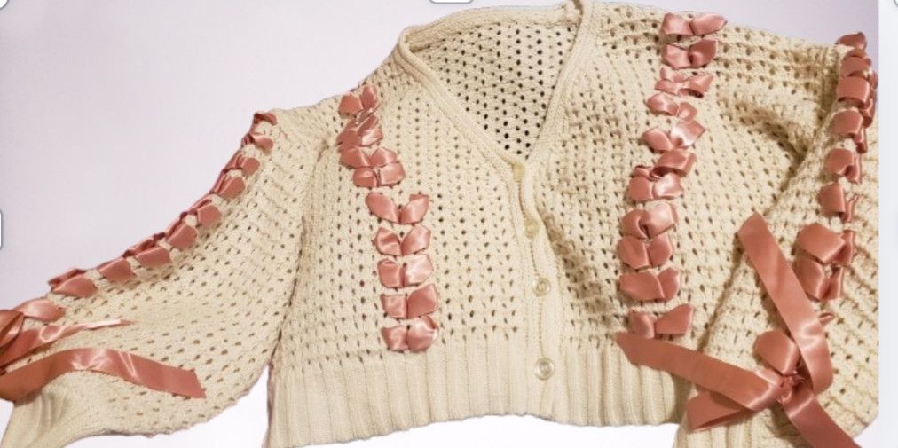 Handmade Handmade Knit Rose Ribbons Crop Cardigan Women's Plus 1X Size XL / US 12-14 / IT 48-50 - 5 Thumbnail
