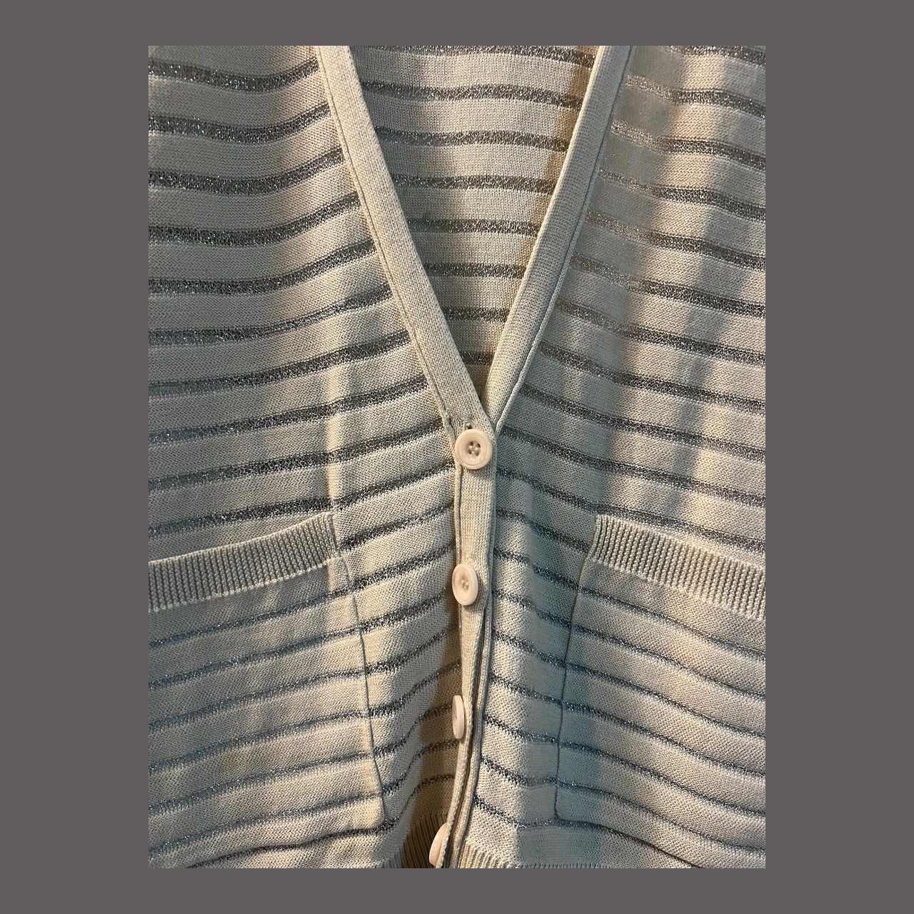 Other Joan Vass Cream Silver Metallic Stripe Lightweight Cardigan Size S / US 4 / IT 40 - 3 Thumbnail