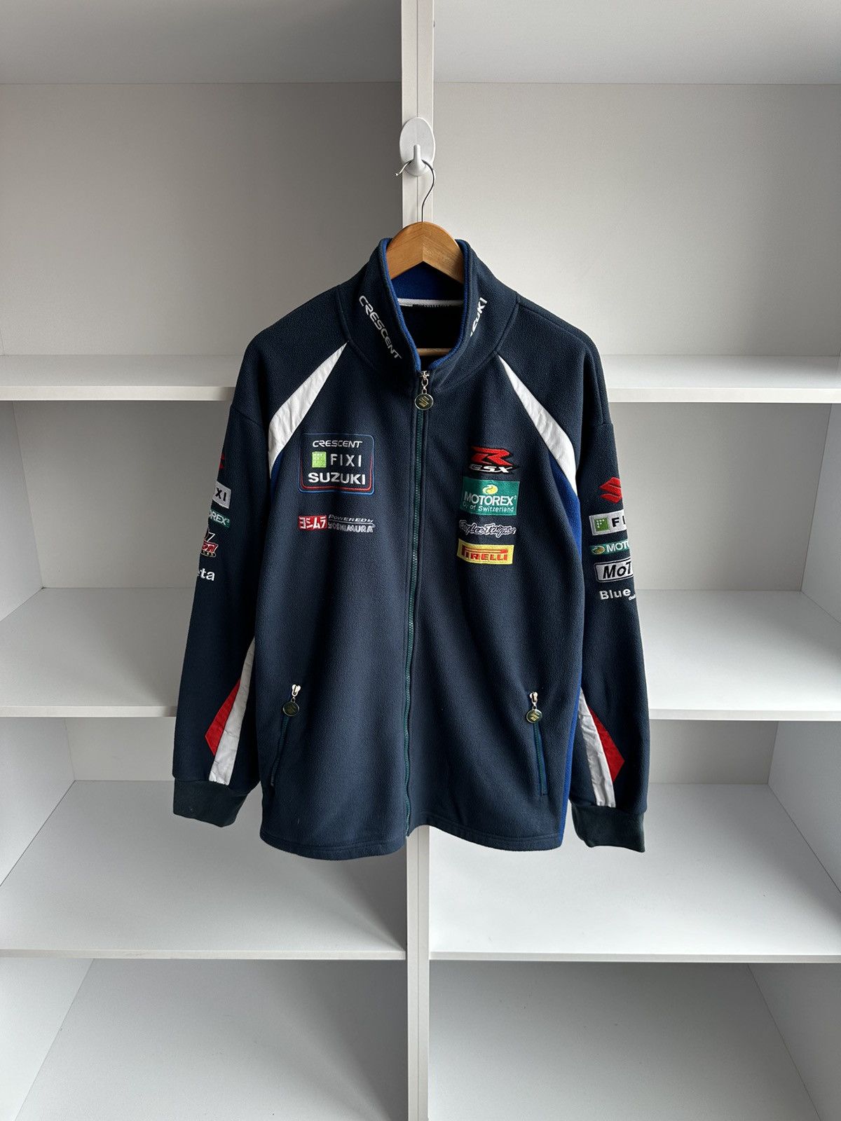 image of Racing x Vintage Suzuki Fixi World Superbike Team Moto Fleece Jacket in Navy, Men's (Size XL)