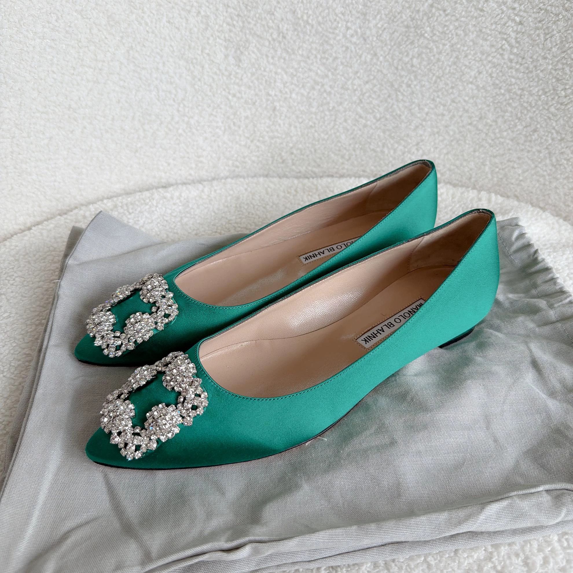 Manolo Blahnik Manolo Blahnik Green Satin Crystal Buckle Flats 37.5 Size US 7 / IT 37 - 1 Thumbnail