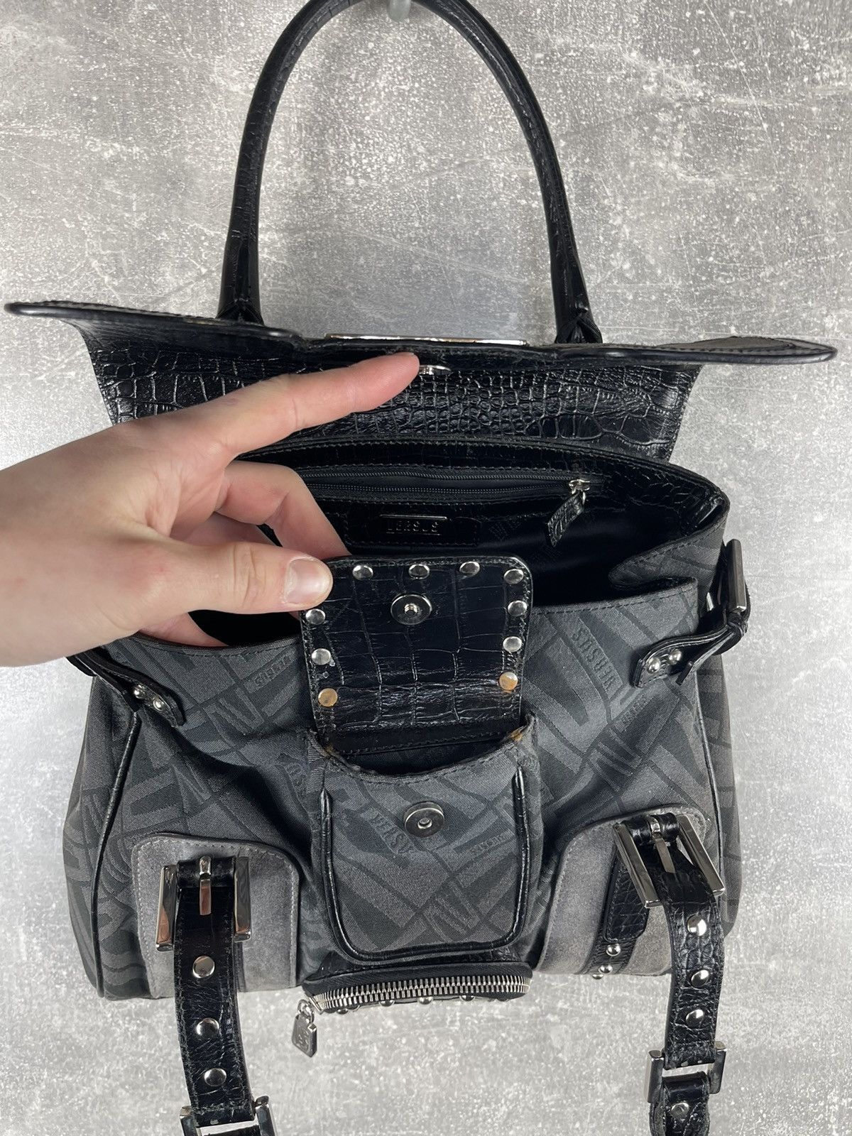 Versus Versace Versus Versace Studded Logo Jacquard Leather Trim Handbag Size ONE SIZE - 8 Thumbnail