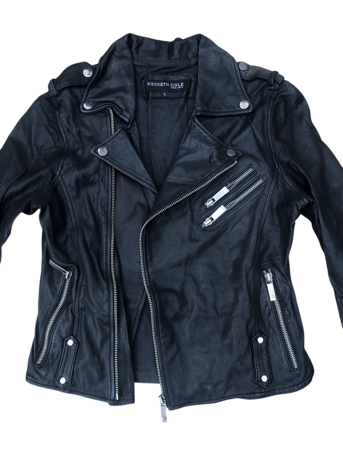 Kenneth Cole 🔥KENNETH COLE Biker Punk Double Collar Leather Jacket Women Size L / US 10 / IT 46 - 4 Thumbnail