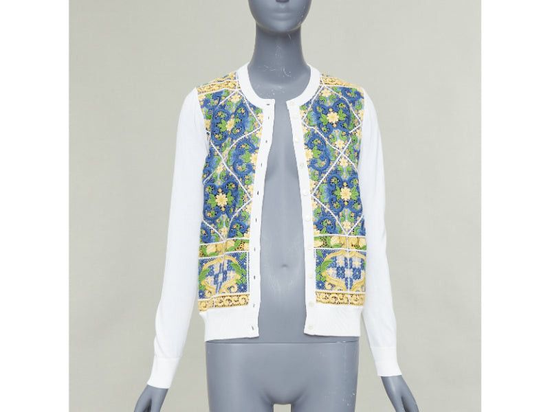 Dolce & Gabbana DOLCE GABBANA Majolica print embroidery anglais lace cream cotton cardigan IT40 S Size S / US 4 / IT 40 - 1 Thumbnail