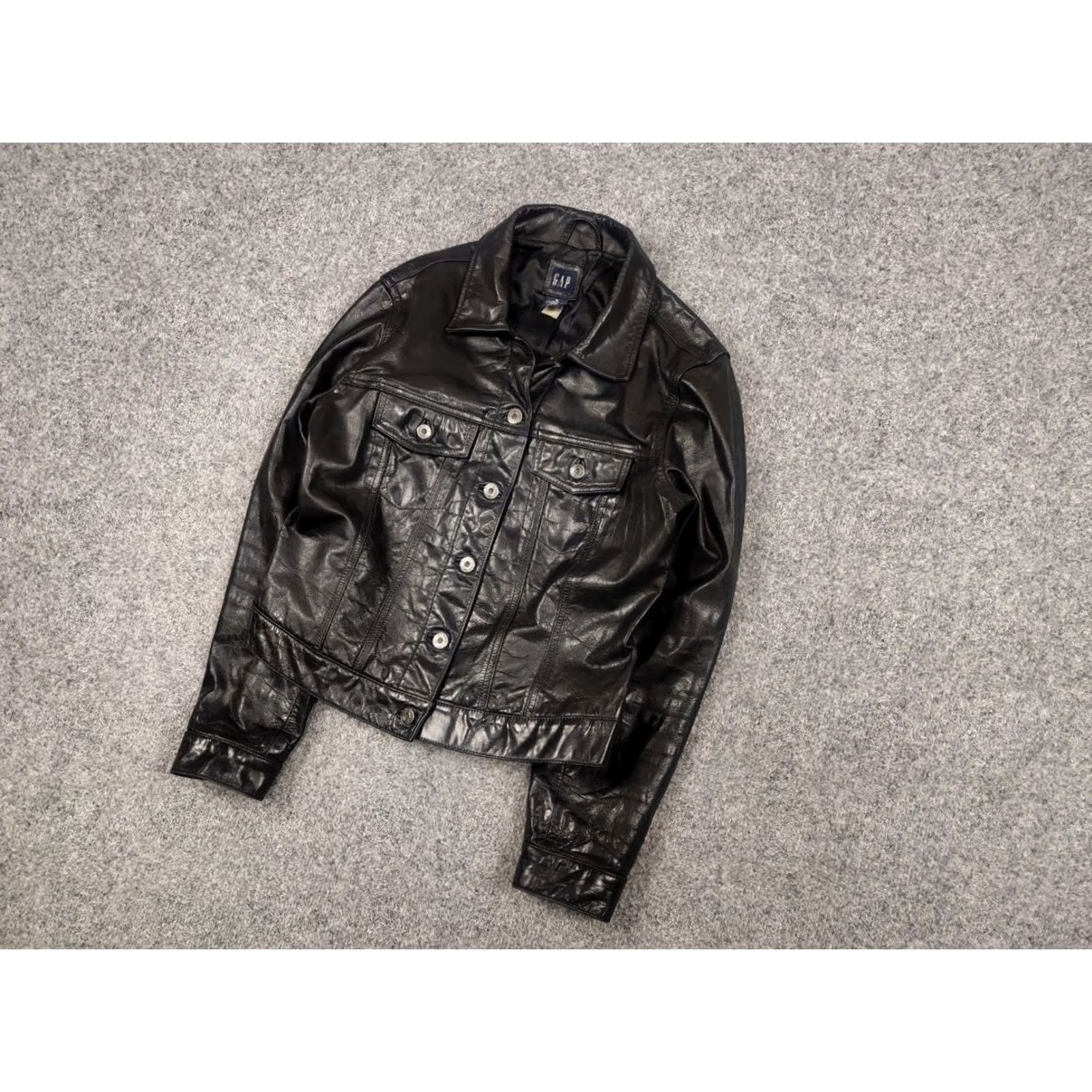 Gap VINTAGE Gap Jacket Stone Black Leather Trucker Rockstar 90s Biker Mid-Length Long Sleeve Women XS? (Original size M) Size M / US 6-8 / IT 42-44 - 4 Thumbnail
