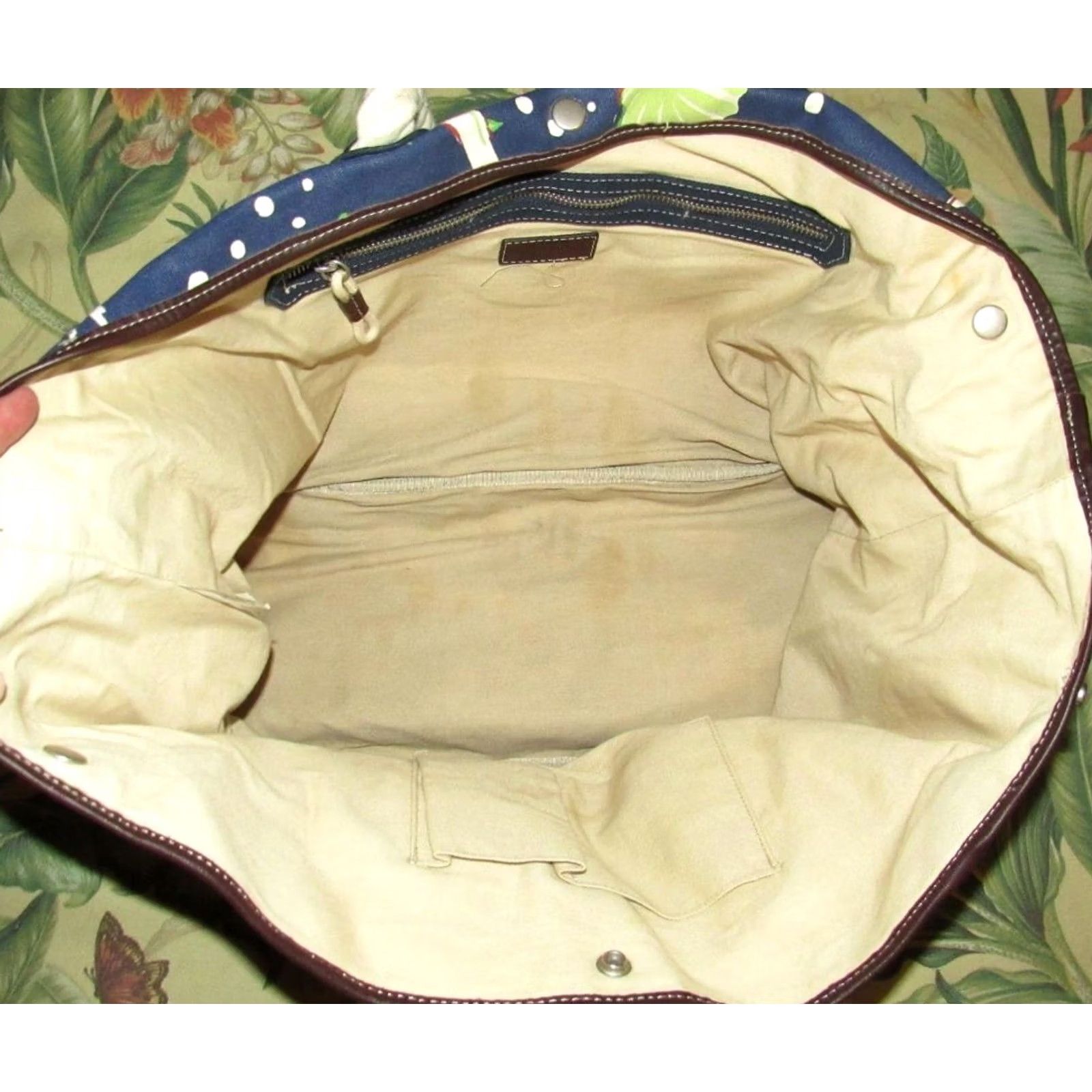 Vintage Vtg J CREW Canvas Leather Trim Tropical Beach Tote Bag Women Blue Cotton Tote Size ONE SIZE - 4 Thumbnail