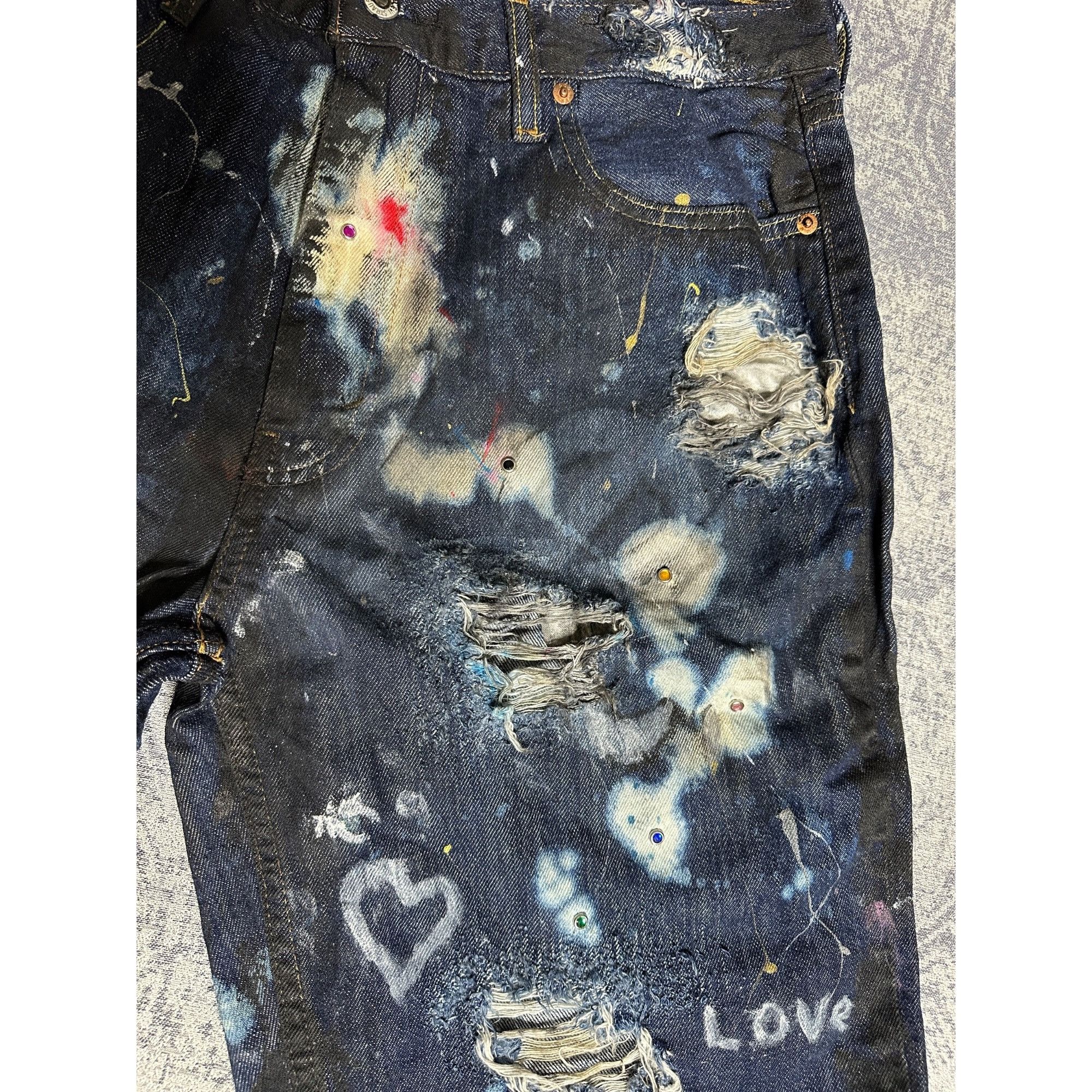 Levi's Custom Reworked Embellished Bleached Distressed Paint Staine Size US 33 - 4 Thumbnail
