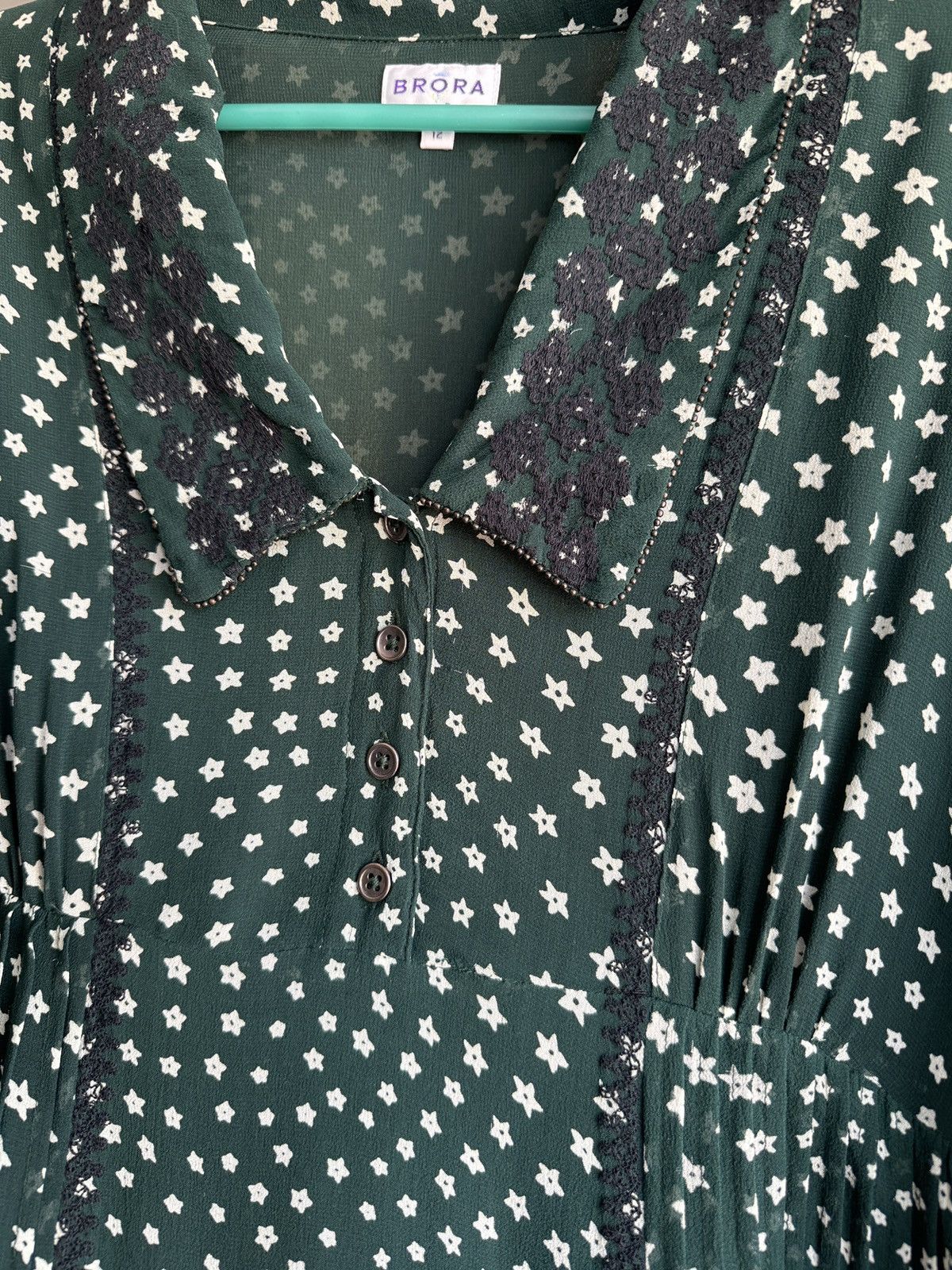 Other Brora Silk Star Print Embroidered Dress Dark Green Size L / US 10 / IT 46 - 6 Thumbnail