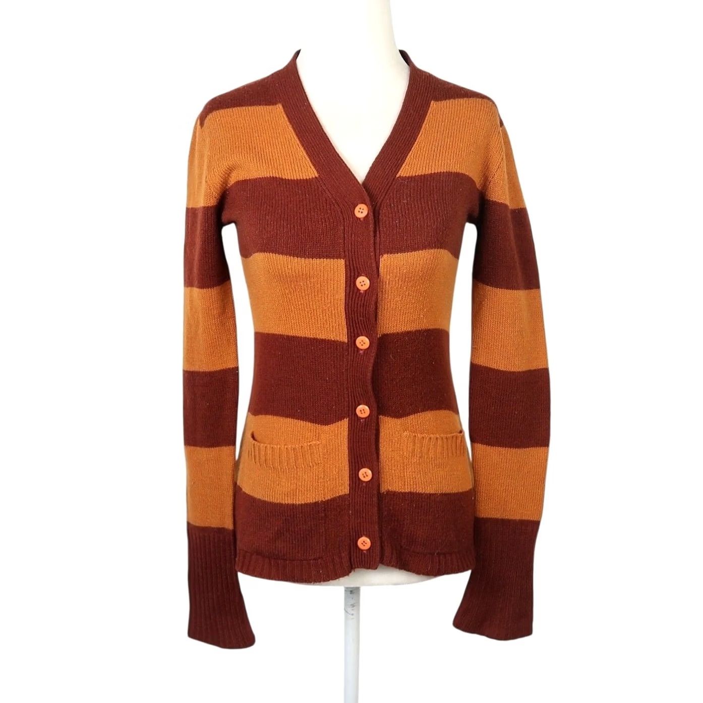 Vintage VINTAGE Mine Doll Cardigan Striped Rugby S Womens Brown Tan Long Sleeve V-Neck Sweater Clearance Size S / US 4 / IT 40 - 2 Thumbnail