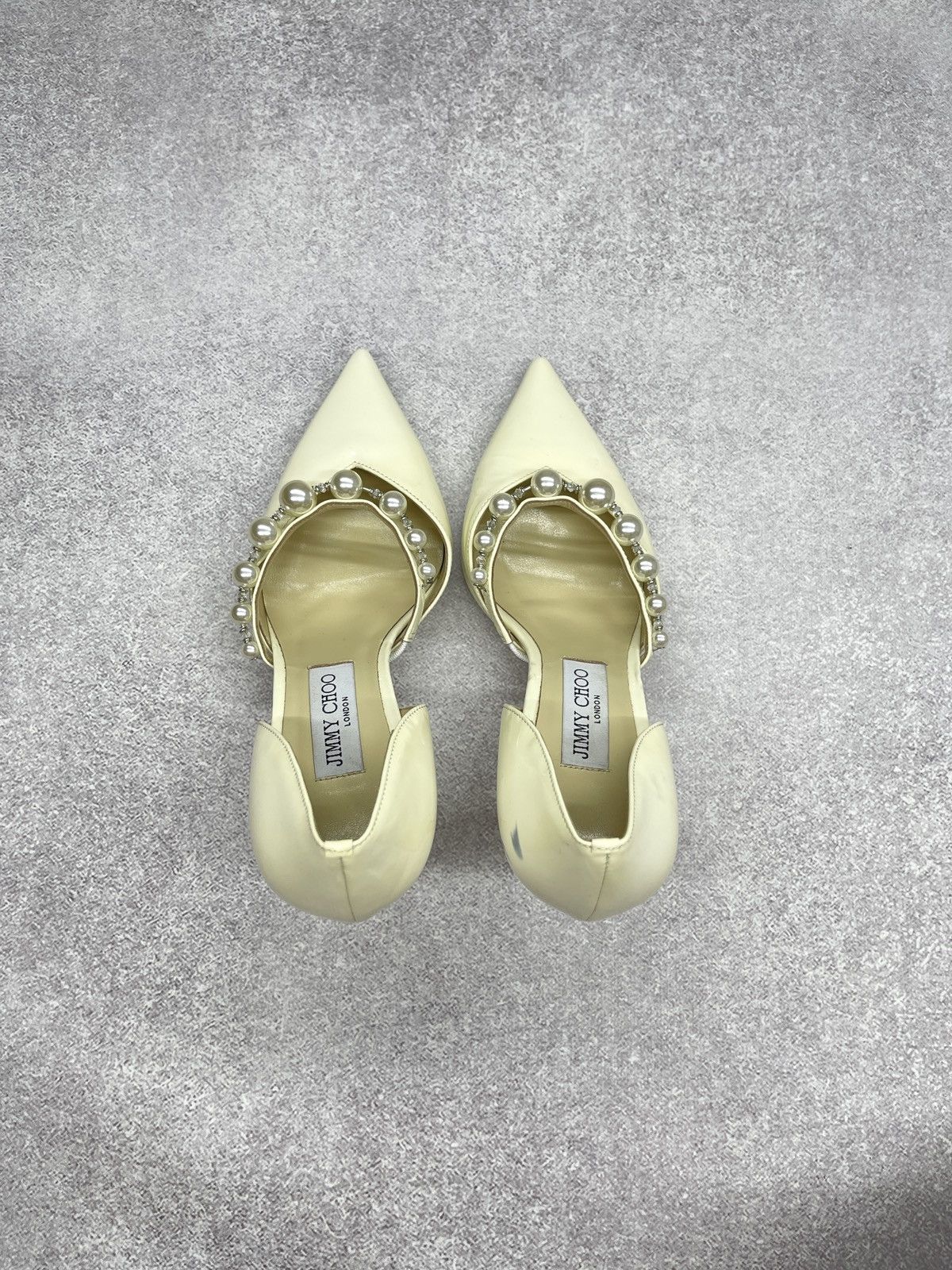 Jimmy Choo Jimmy Choo Beige Patent Leather Aurelie 85 Pump Heels Size US 9 / IT 39 - 7 Thumbnail