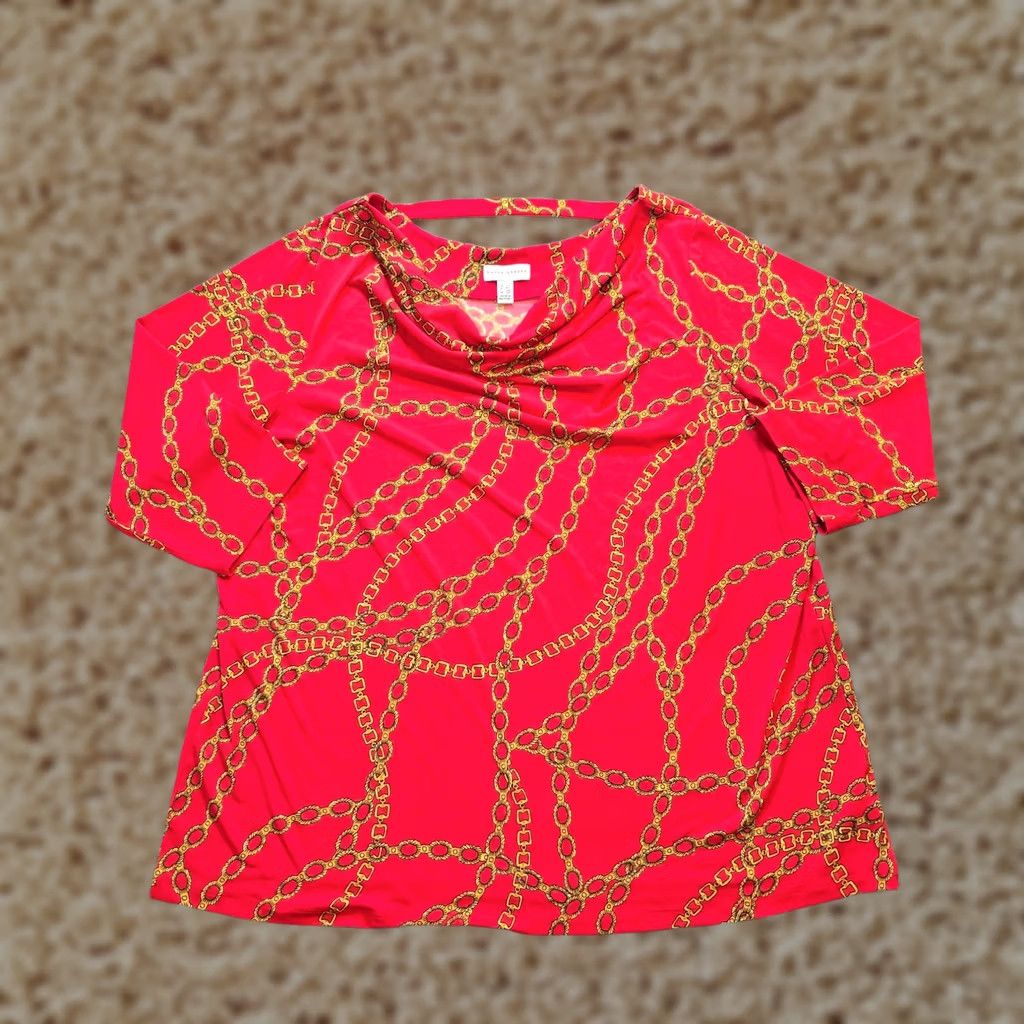 Vintage Susan Graver Top Womens 2X Red Yellow Chains Cowl Neck Blouse Geometric Knit 3/4 Sleeve Stretchy Plus Size Adult Womens Size XXL / US 16-18 / IT 52-54 - 1 Thumbnail