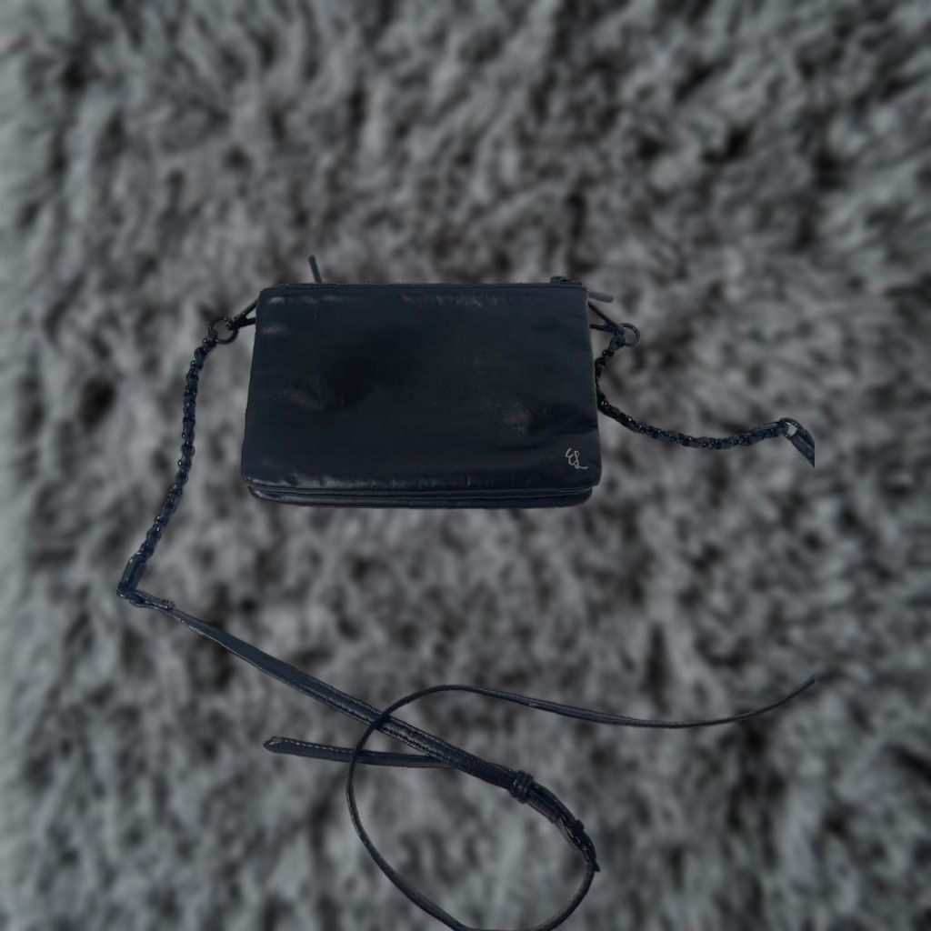 Vintage Elliott Lucca Black Leather Crossbody Bag Small 3 Compartments Woven Metallic Womens