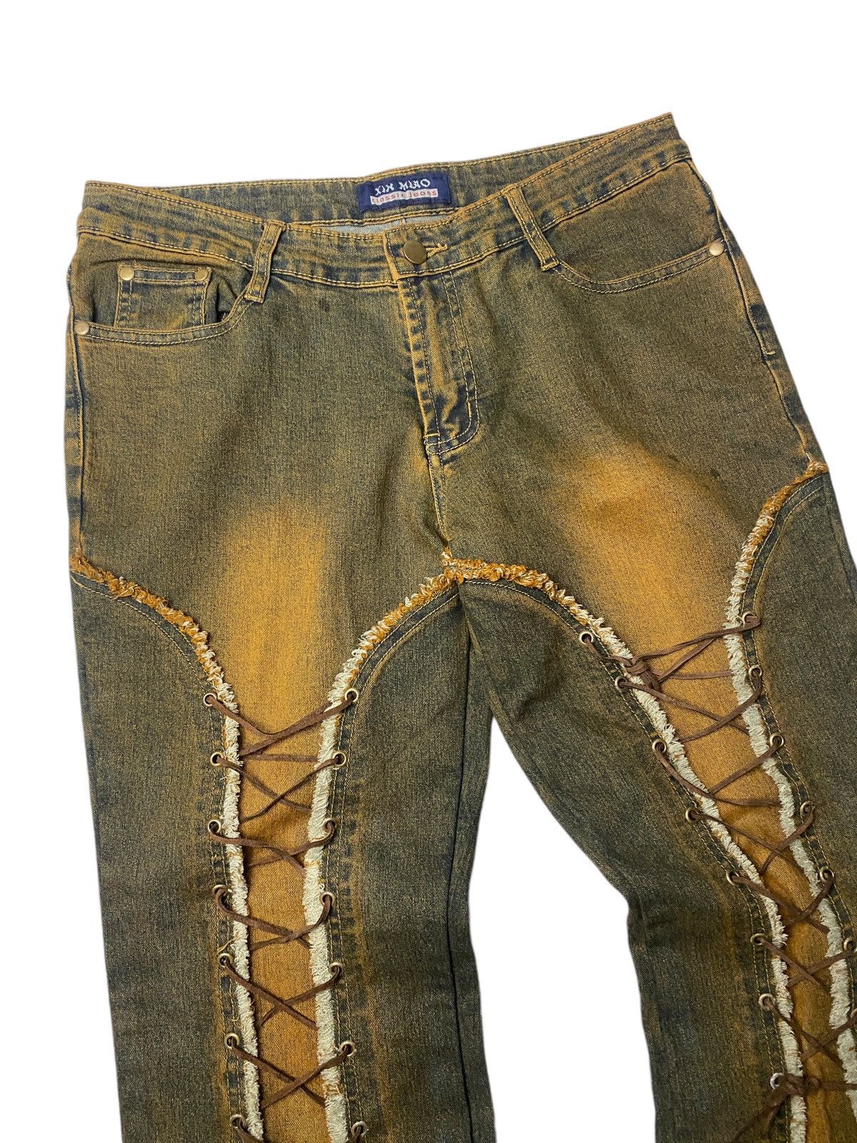If Six Was Nine × Japanese Brand × Tornado Mart 2000's Xin Miao Mudwash Laced Up Fringe Flared Jeans Size US 29 - 2 Thumbnail