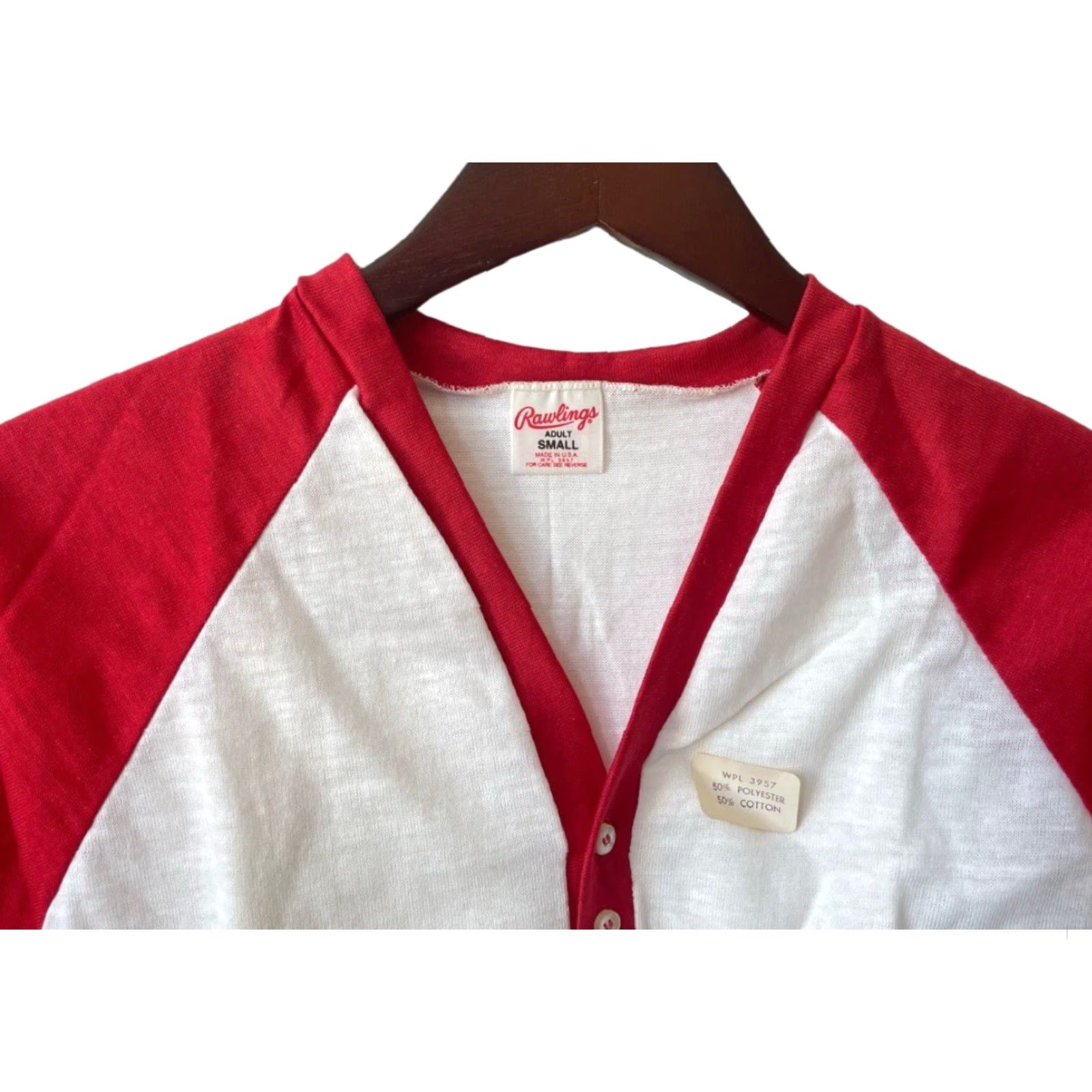 Vintage VINTAGE Rawlings Baseball Henley T-Shirt Mens Small Deadstock NWOT 80s USA Red 2-Button 3/4 Sleeve Shirt Mens 80s USA Size US S / EU 44-46 / 1 - 2 Thumbnail