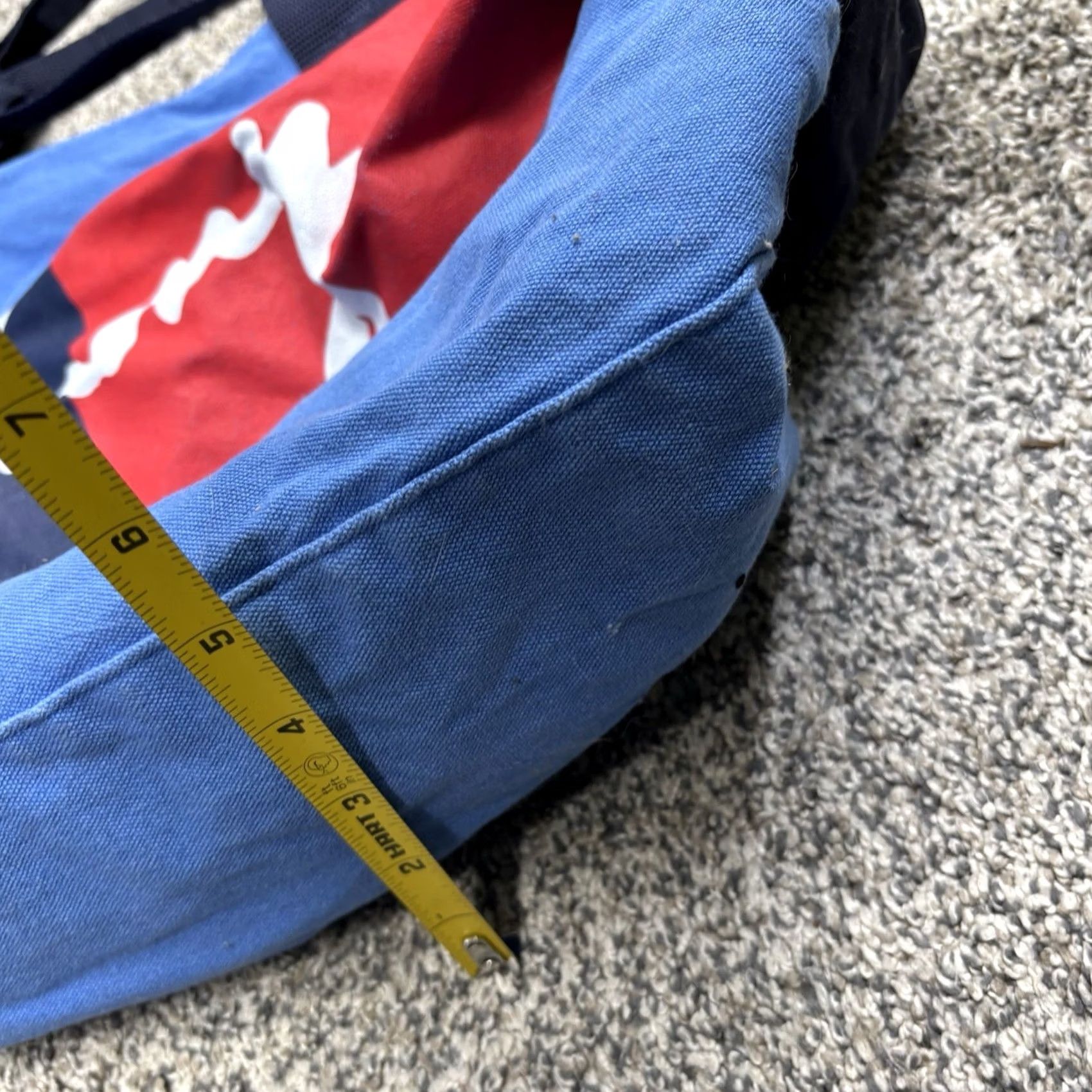 Tommy Hilfiger VINTAGE Tommy Hilfiger Duffel Bag Red Flag Logo Large Denim 90s Gym Travel Blue Canvas 1990s Mens Bag Size ONE SIZE - 3 Thumbnail