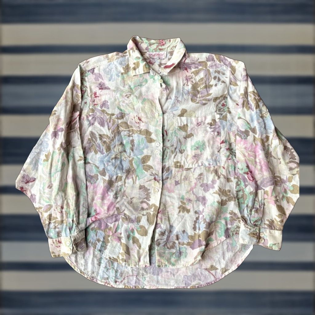 Byblos VINTAGE Byblos 100% Linen Floral Button Down Shirt Women’s 8 Black Long Sleeve Collared 80s 90s Blouse Mens? (Please ignore) Size M / US 6-8 / IT 42-44 - 1 Thumbnail
