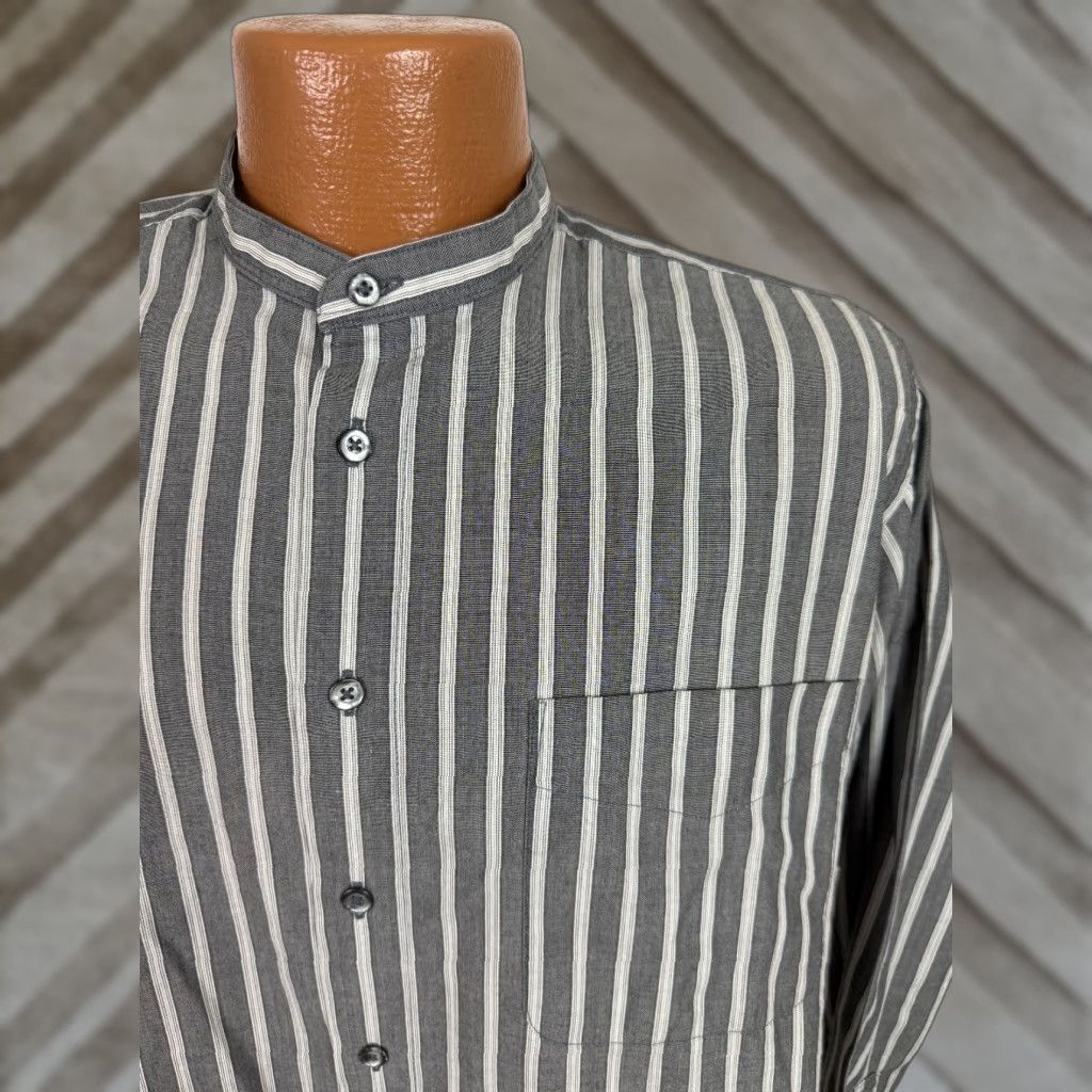 Albert Nipon VINTAGE Albert Nipon Shirt Men L Striped Button-Up Band Collar 80s 90s Preppy Vaporwave Black Size US L / EU 52-54 / 3 - 1 Thumbnail