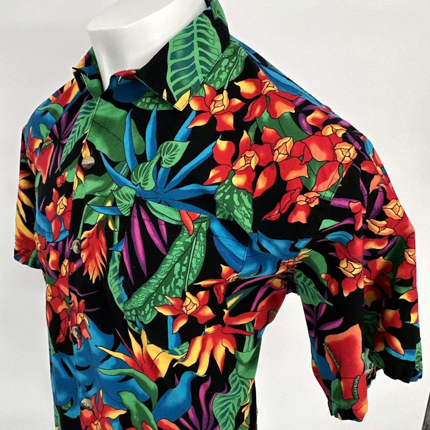 VINTAGE Toucan Dance Shirt Mens XL Multicolor Hawaiian Aloha Floral Cotton Button Up USA