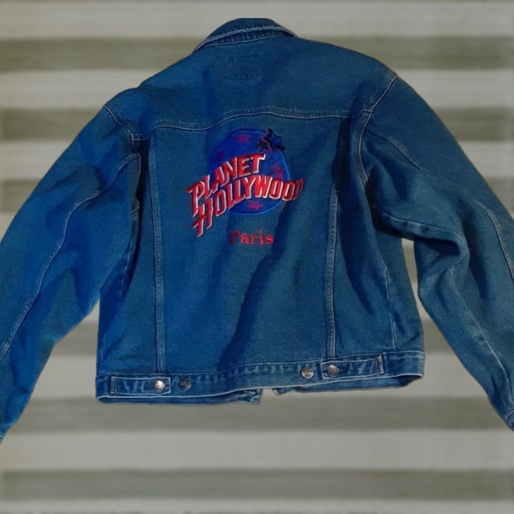 Vintage VINTAGE Planet Hollywood Jeans Jacket Mens Bomber Jacket Blue Cotton Size Medium Embroidered 80s All Seasons Size US 31 - 1 Thumbnail