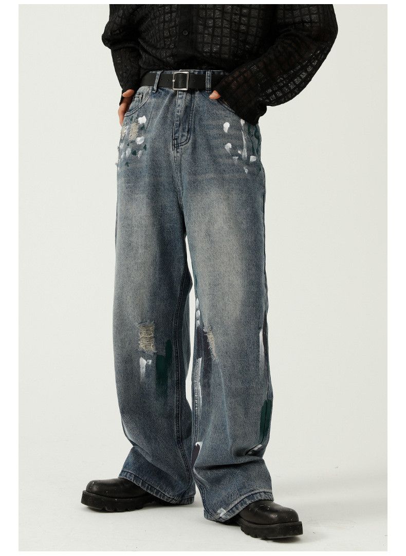 Japanese Brand × Jean Men's Japanese ink-splashed straight ripped wide-leg jeans Size US 32 / EU 48 - 1 Thumbnail