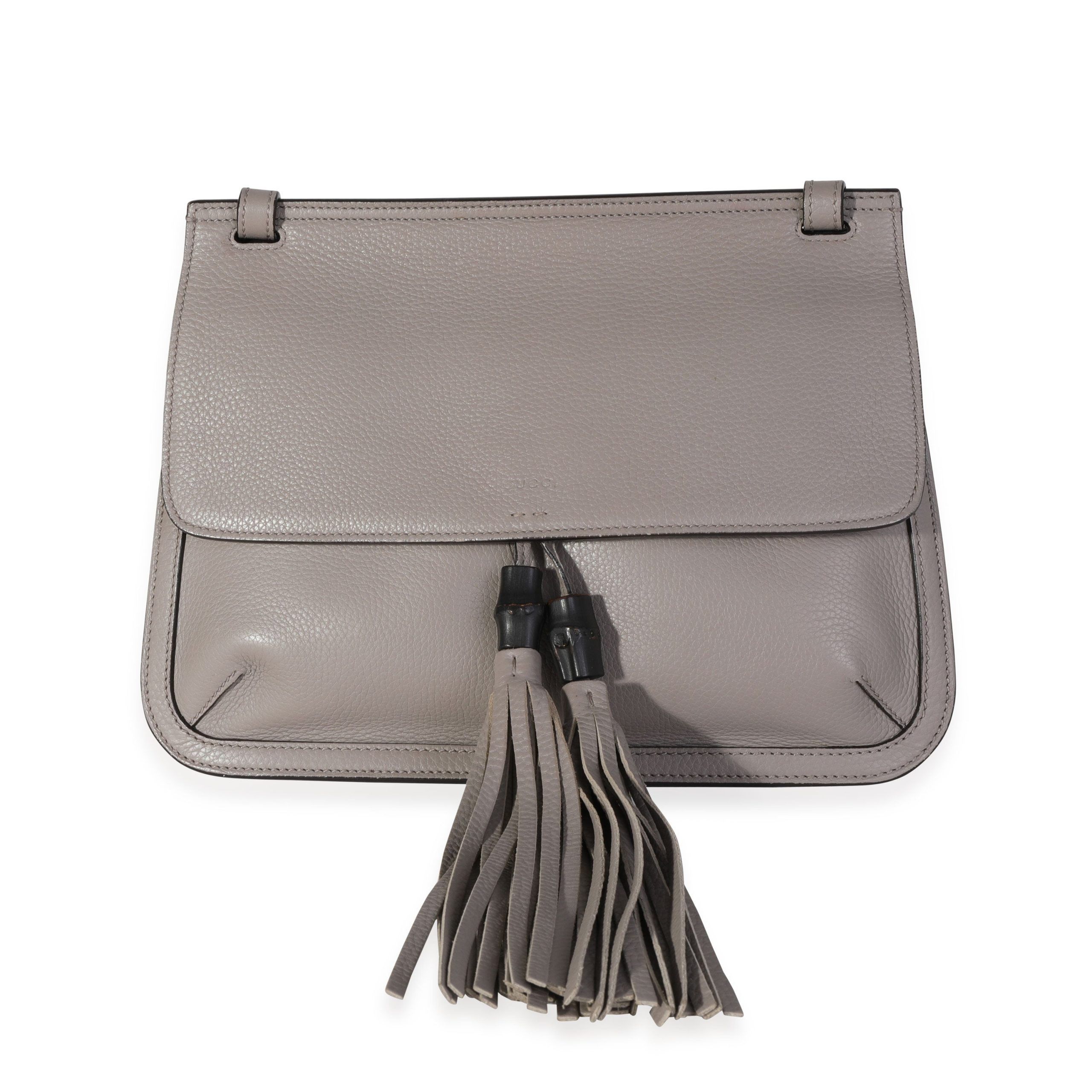 Gucci Storm Grey Pebbled Calfskin Medium Bamboo Daily Flap Shoulder Bag
