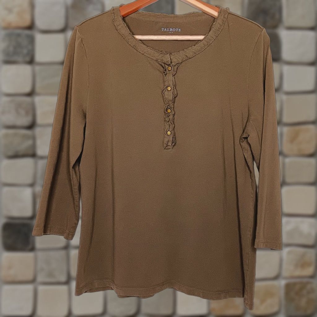 Talbots Talbots Henley Shirt Women L Army Green Gold Button Ruffle Trim 3/4 Sleeve Knit Cotton Basics Fall Winter Size L / US 10 / IT 46 - 1 Thumbnail