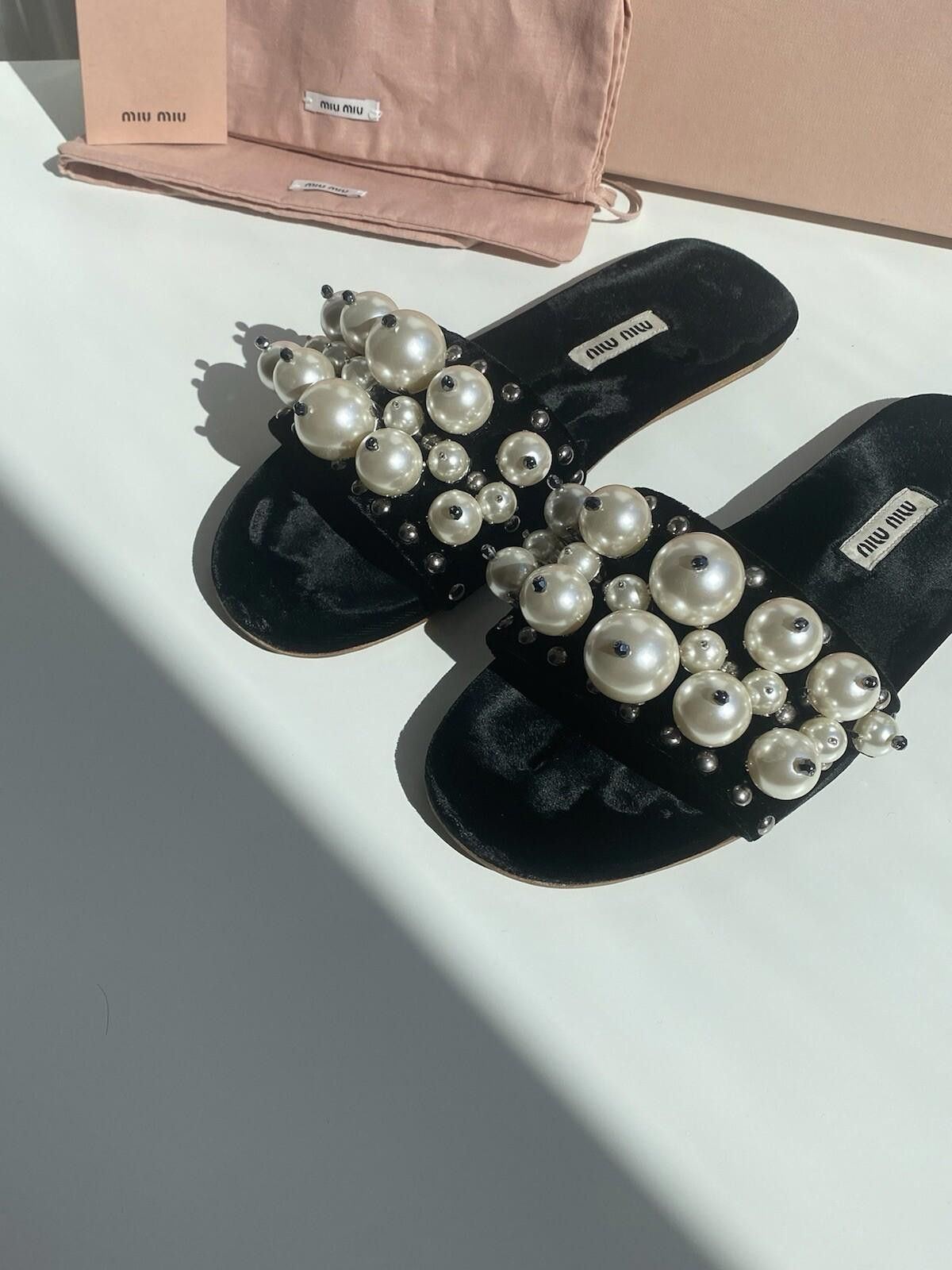 Miu Miu Miu Miu Velvet Slide Flats Embellished Pearly Women US6.5 Size US 4 / IT 34 - 3 Thumbnail