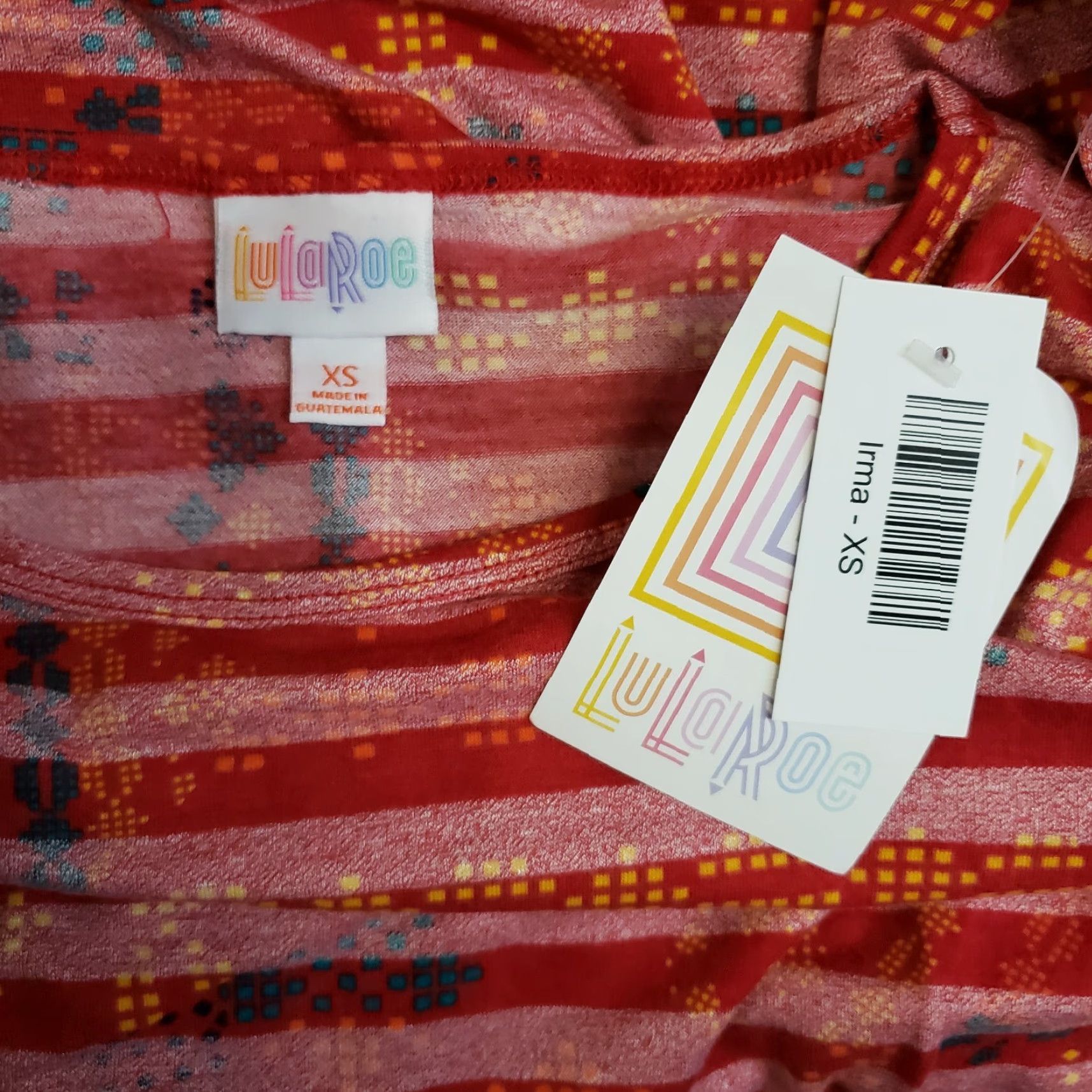 Vintage LuLaRoe Irma Top XS Red Yellow Stripes Short Sleeve Womens T-Shirt Tunic Shirt 72% polyester 24% rayon 4% spandex Size XS / US 0-2 / IT 36-38 - 4 Thumbnail