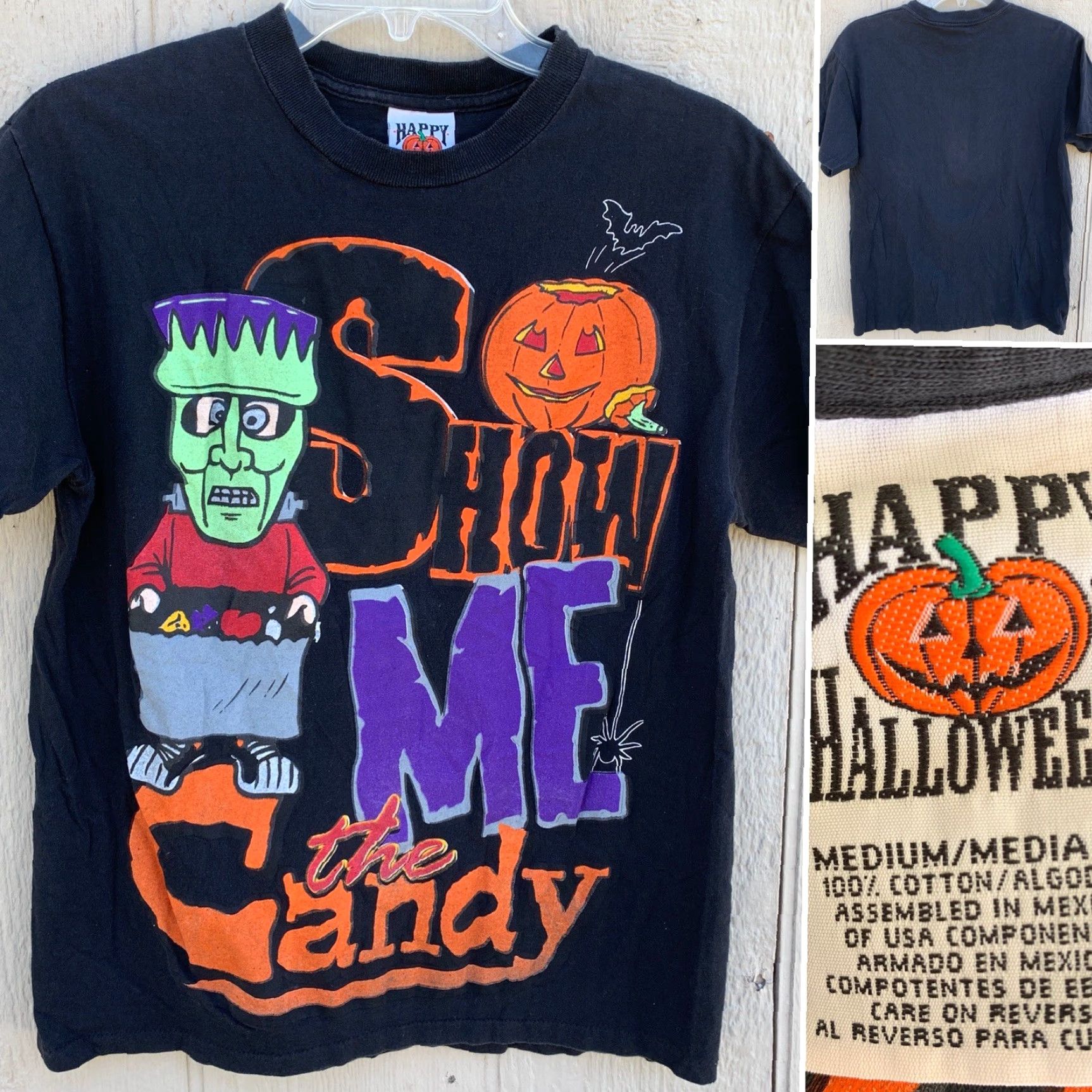 Vintage VINTAGE Happy Halloween Frankenstein T-Shirt Shirt M Black Graphic Print Mens Halloween 90s (Show Me The Candy) Size US M / EU 48-50 / 2 - 2 Thumbnail