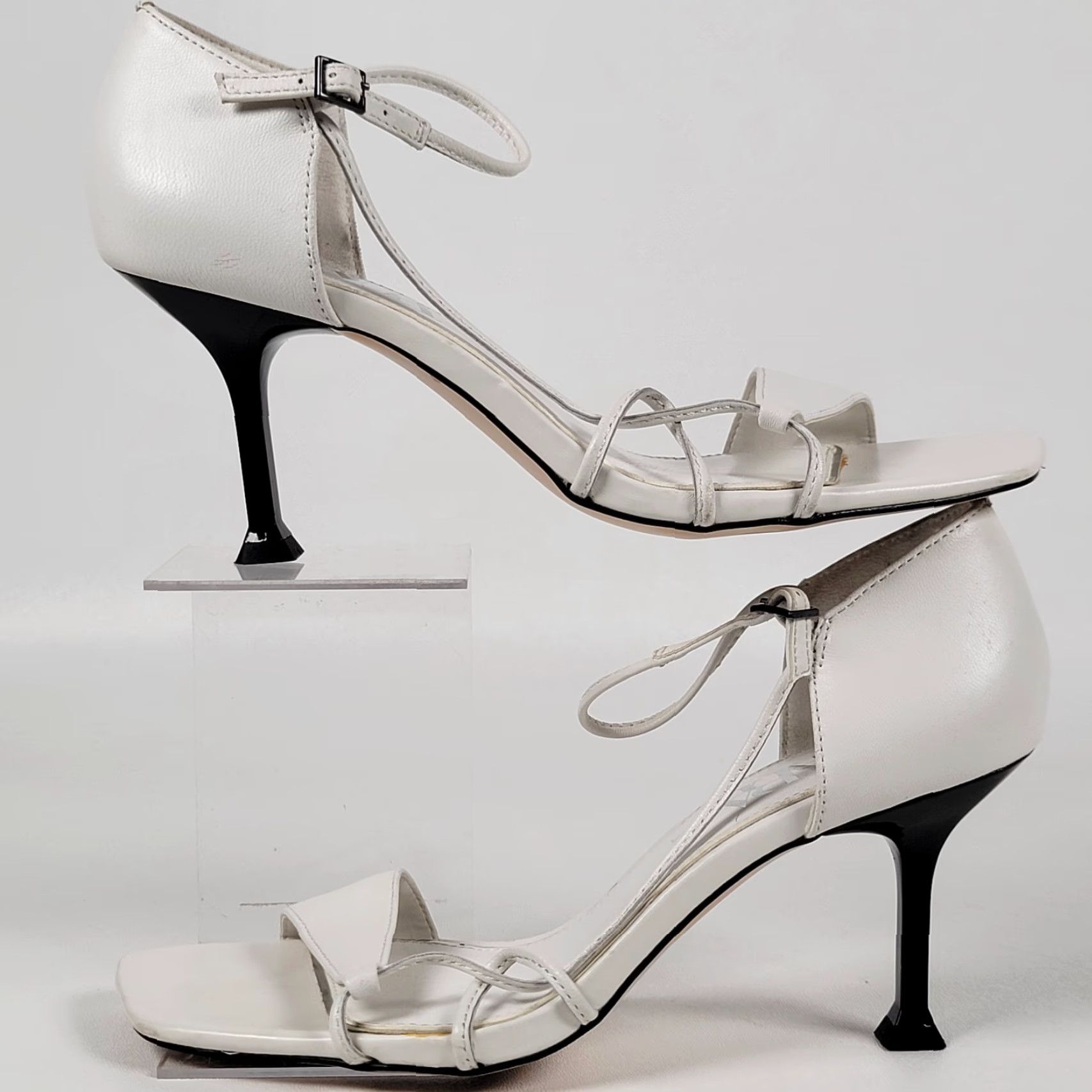 Zara ZARA Heeled Sandals White Leather Kitten Heel Buckle Closure Women US 7 EUR 38 1398/001 Wedding Party Casual Spring Summer Size US 7 / IT 37 - 5 Thumbnail