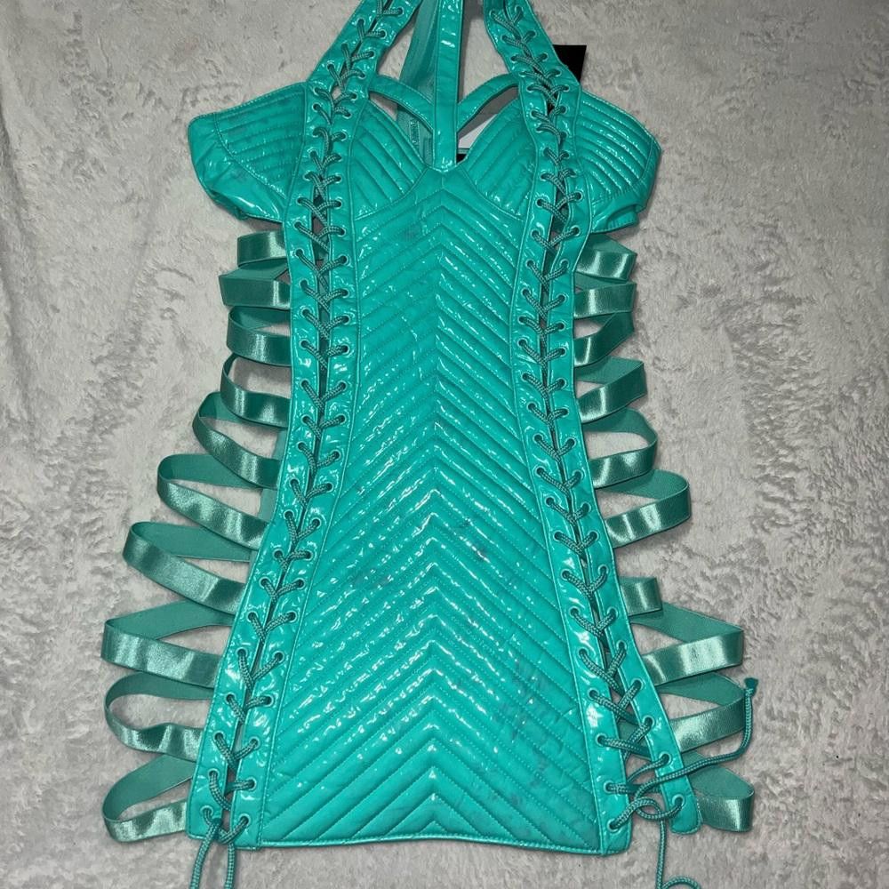 Designer Xs teal blue rude awakening mini dress club Exx festival Size XS / US 0-2 / IT 36-38 - 9 Thumbnail