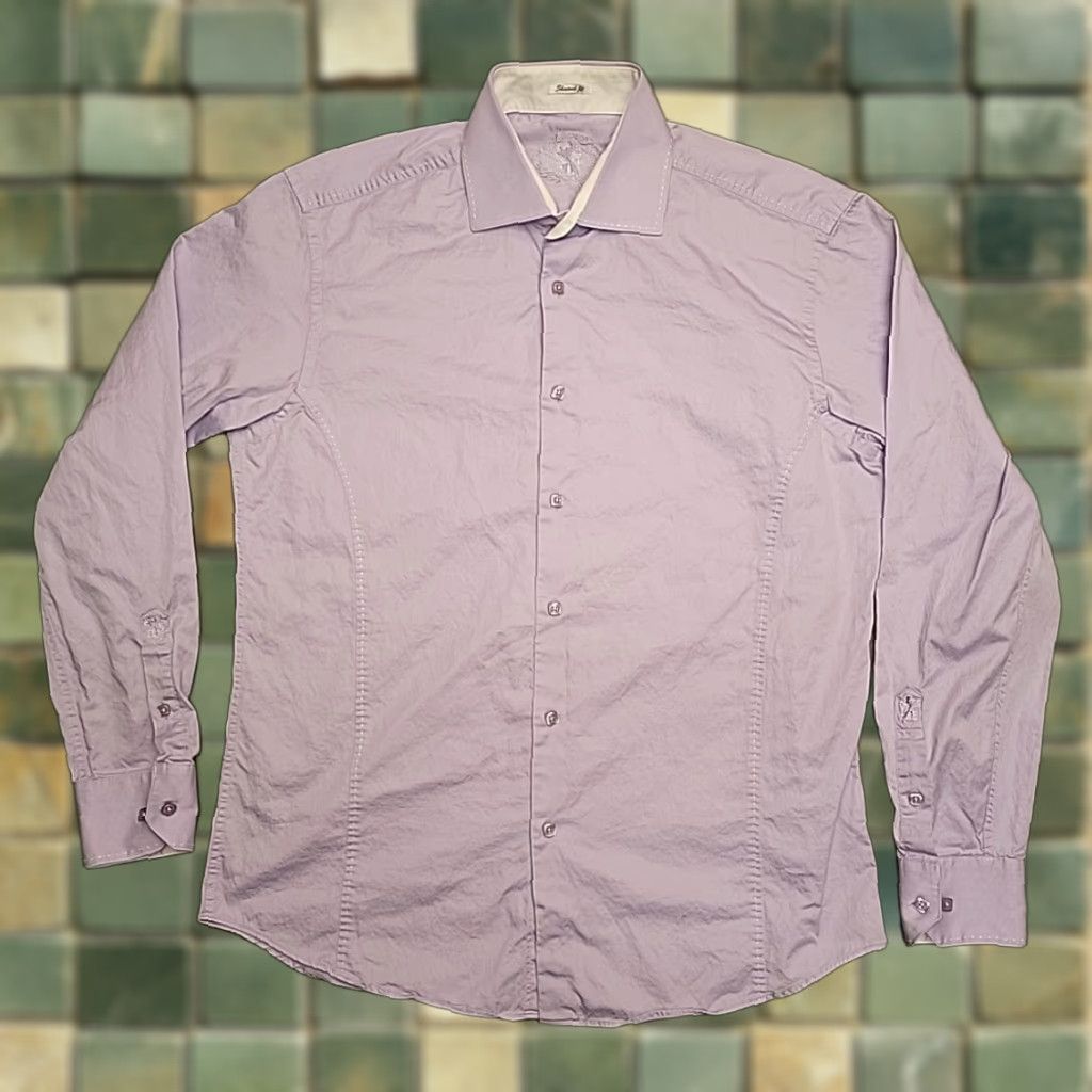 BUGATCHI Bugatchi Shirt Men L Lavender Shaped Fit Embroidered Logo Button Up Dress Cotton Size 42R - 1 Thumbnail