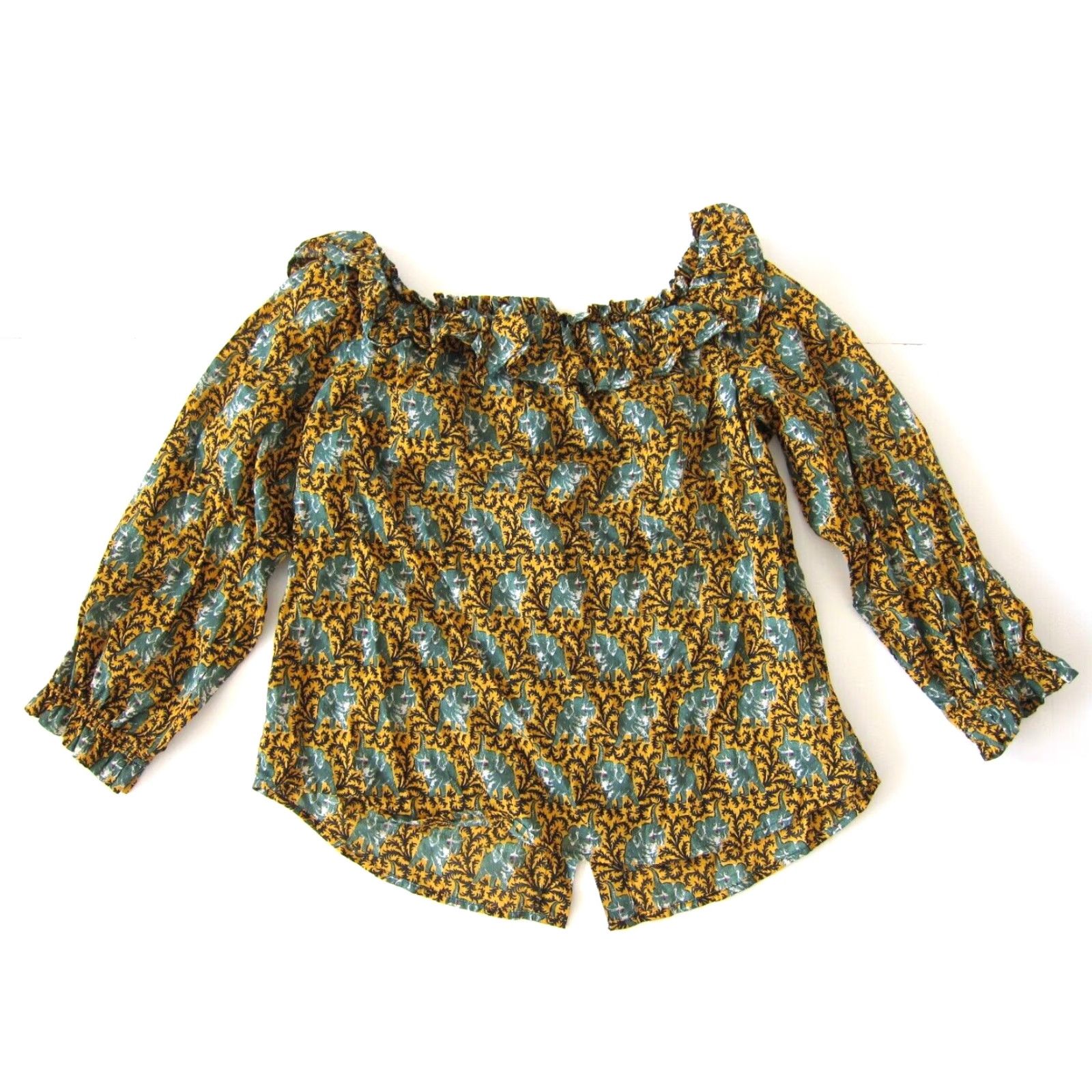 J.Crew J.Crew 100% Cotton Green Yellow Elephant Button Down Off Shoulder Blouse 6 Size M / US 6-8 / IT 42-44 - 2 Thumbnail