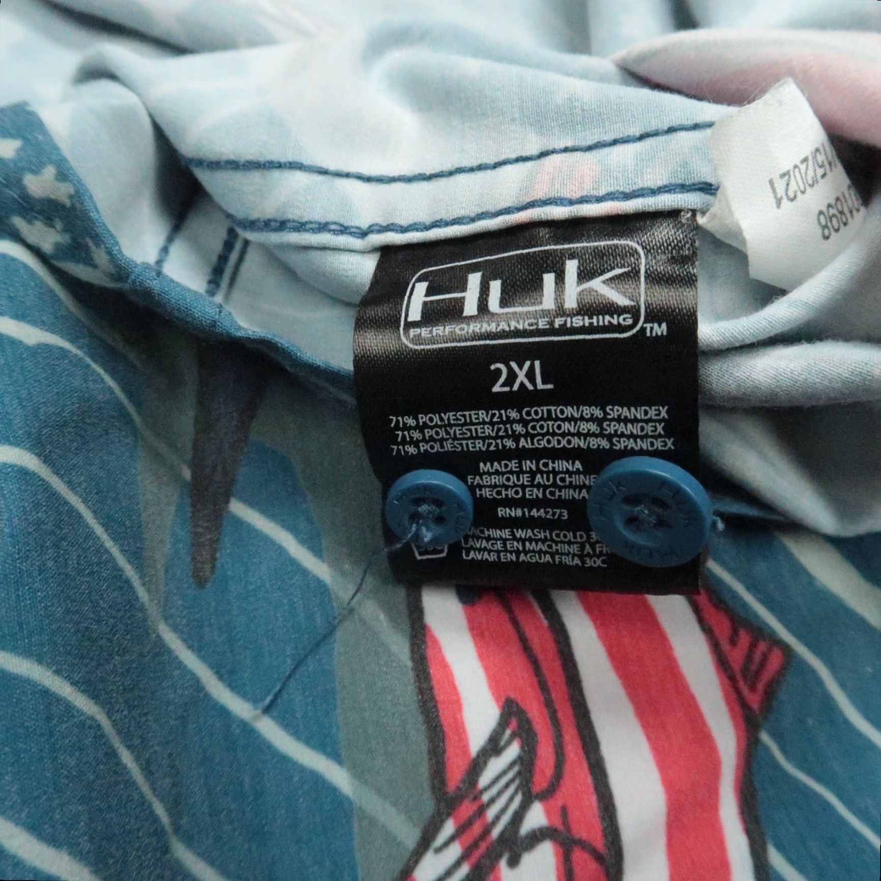 Vintage Huk Shirt Blue Gray American Flag Swordfish Short Sleeve Button Fishing 2XL Size US S / EU 44-46 / 1 - 5 Thumbnail