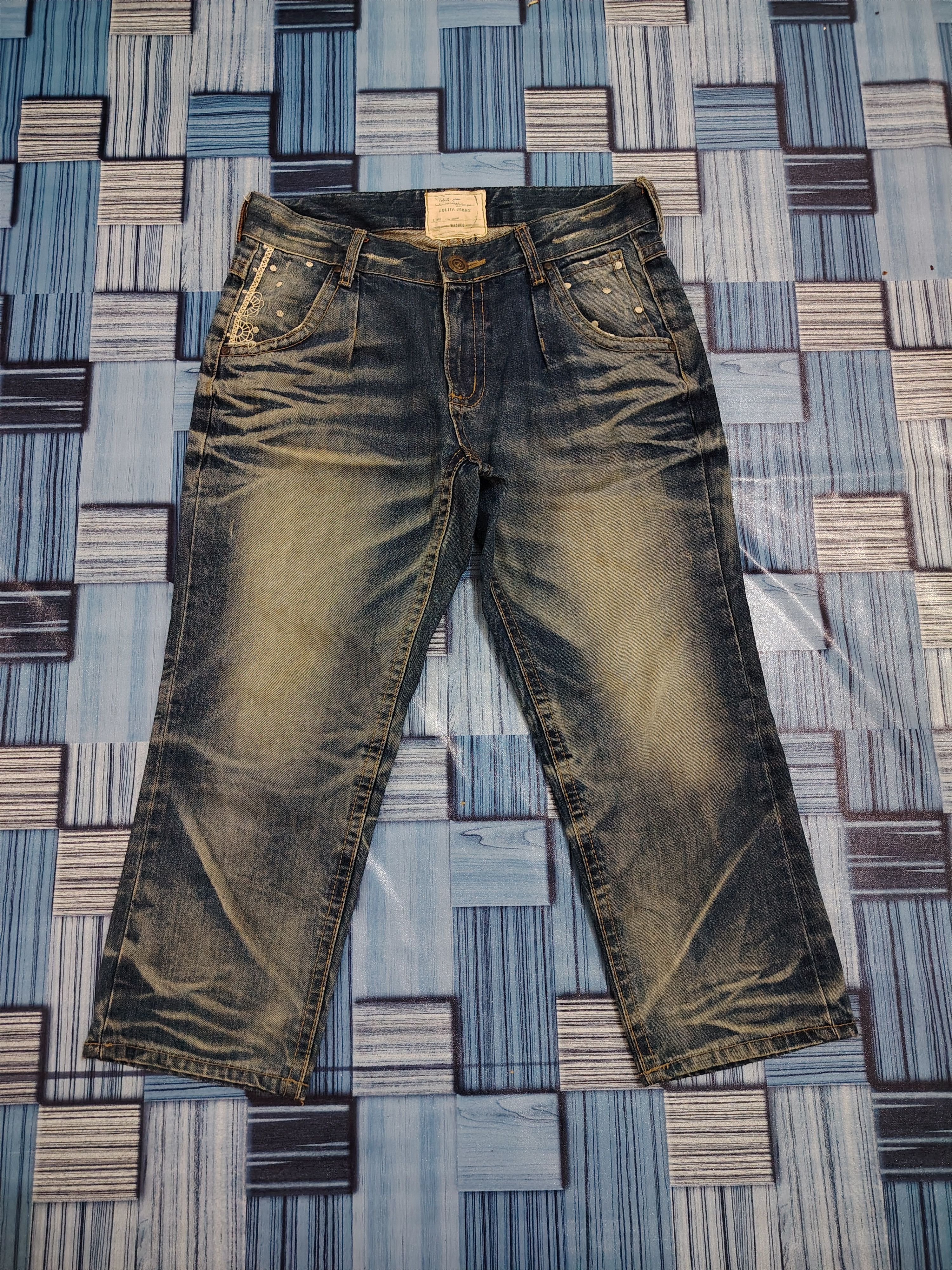 If Six Was Nine Rare!!! Lolita denim distressed flared short jeans Size 31" - 2 Thumbnail