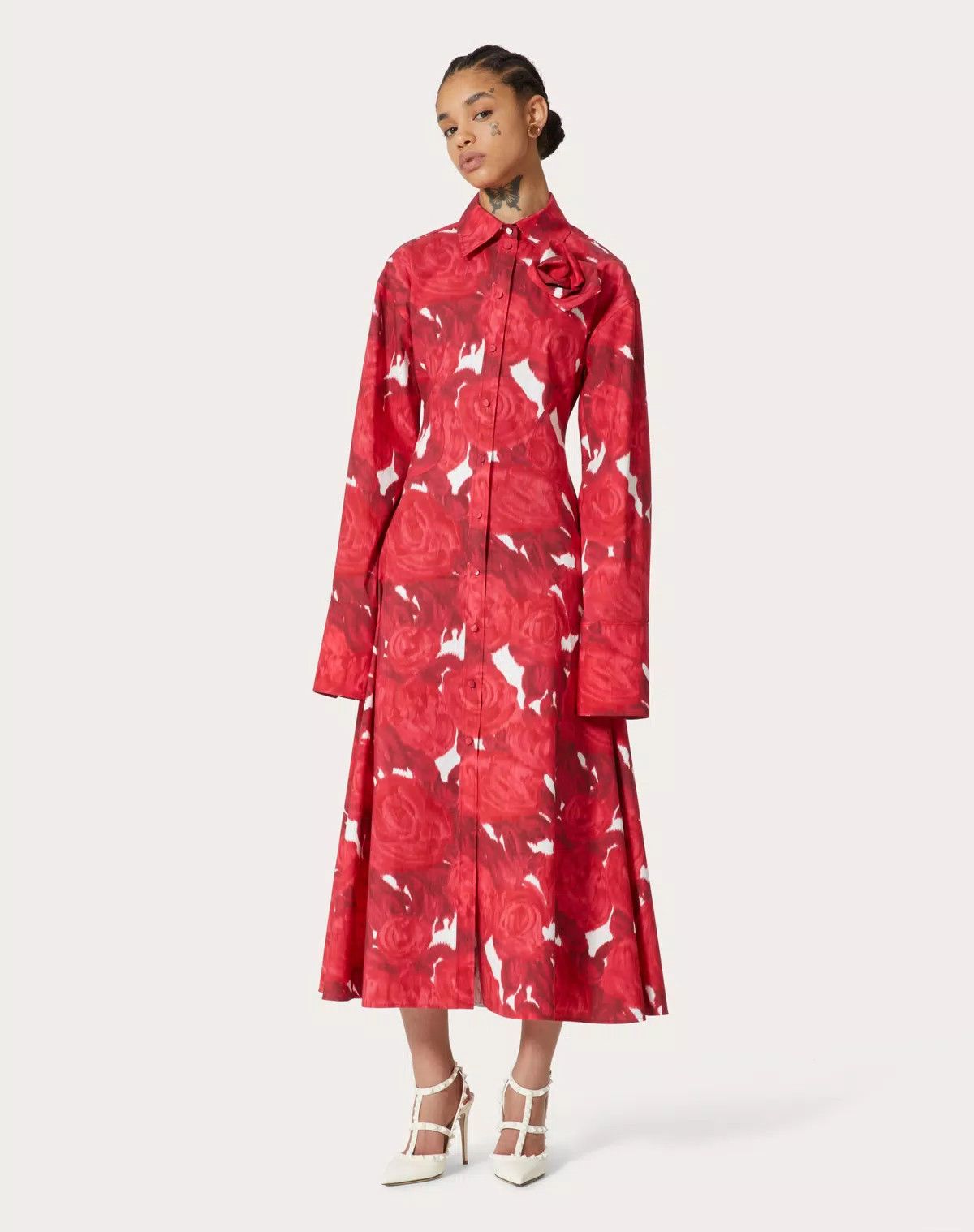 Valentino o1s1wg110625 Moire Poplin Midi Dress in Red/Milk Size M / US 6-8 / IT 42-44 - 3 Thumbnail