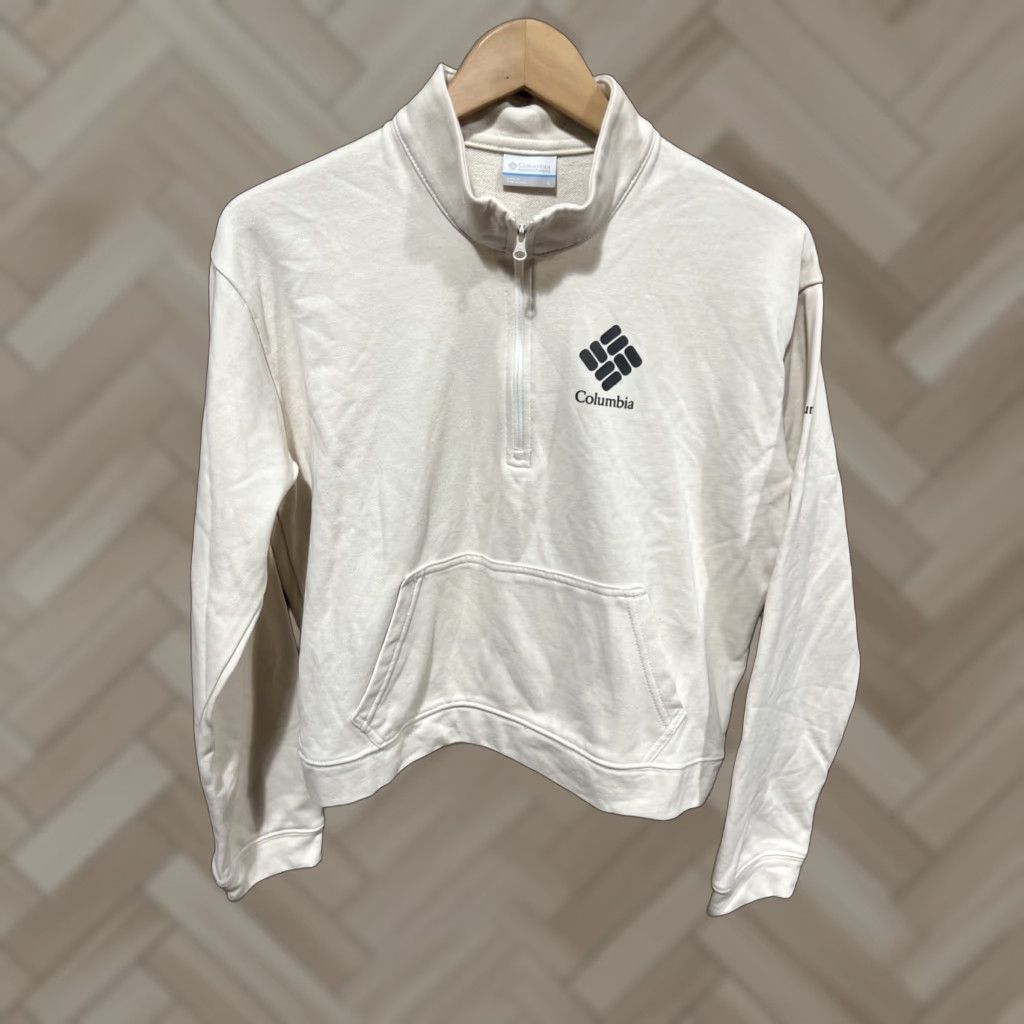 Vintage Columbia Womens Half Zip Sweater Beige Large Pullover 1/2 Zip Raglan Sleeve All Seasons Outdoor Hiking Walking 100% Polyester Size L / US 10 / IT 46 - 1 Thumbnail