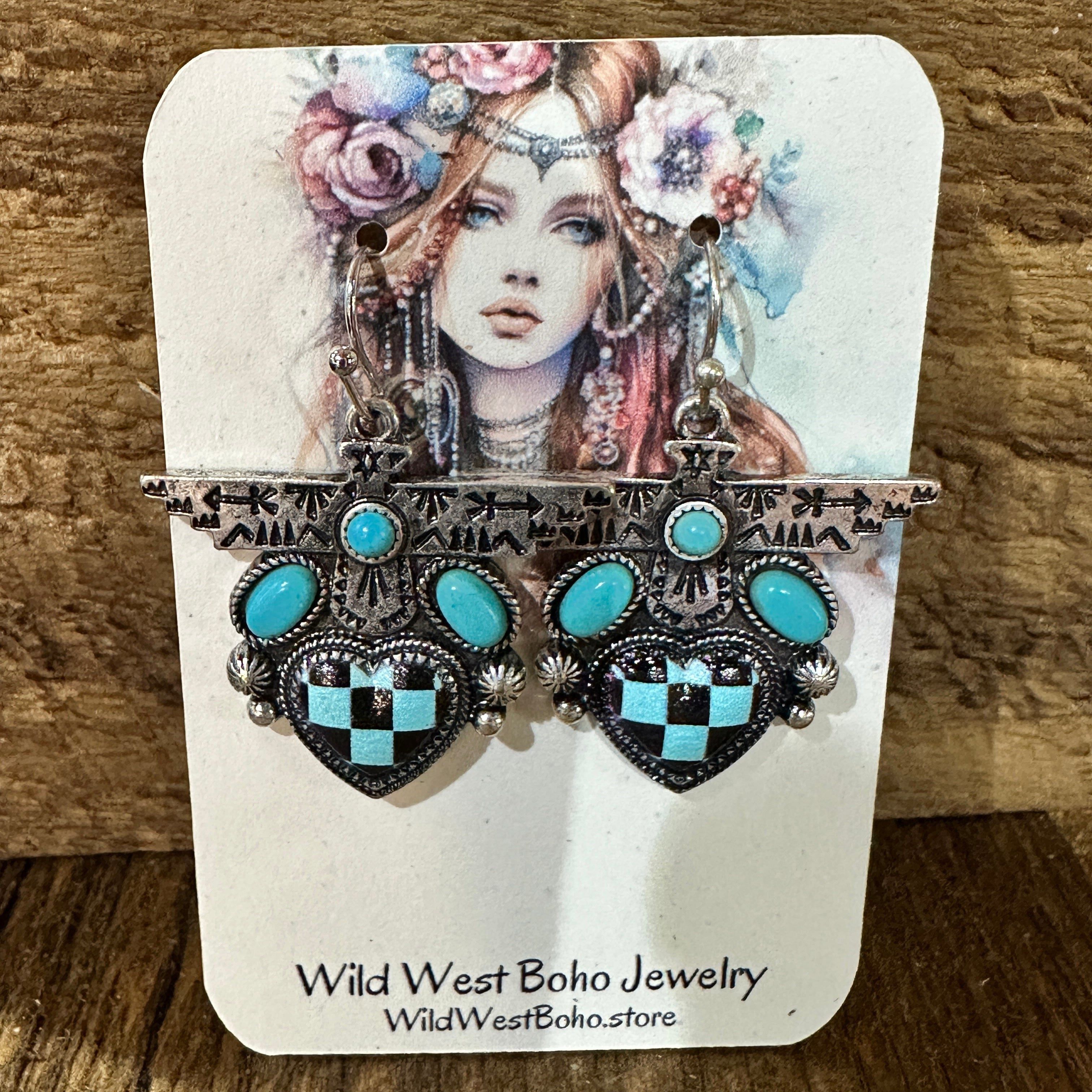 Other Boho Turquoise Thunderbird Earrings, Stylish Checkered Desig Size ONE SIZE - 9 Thumbnail