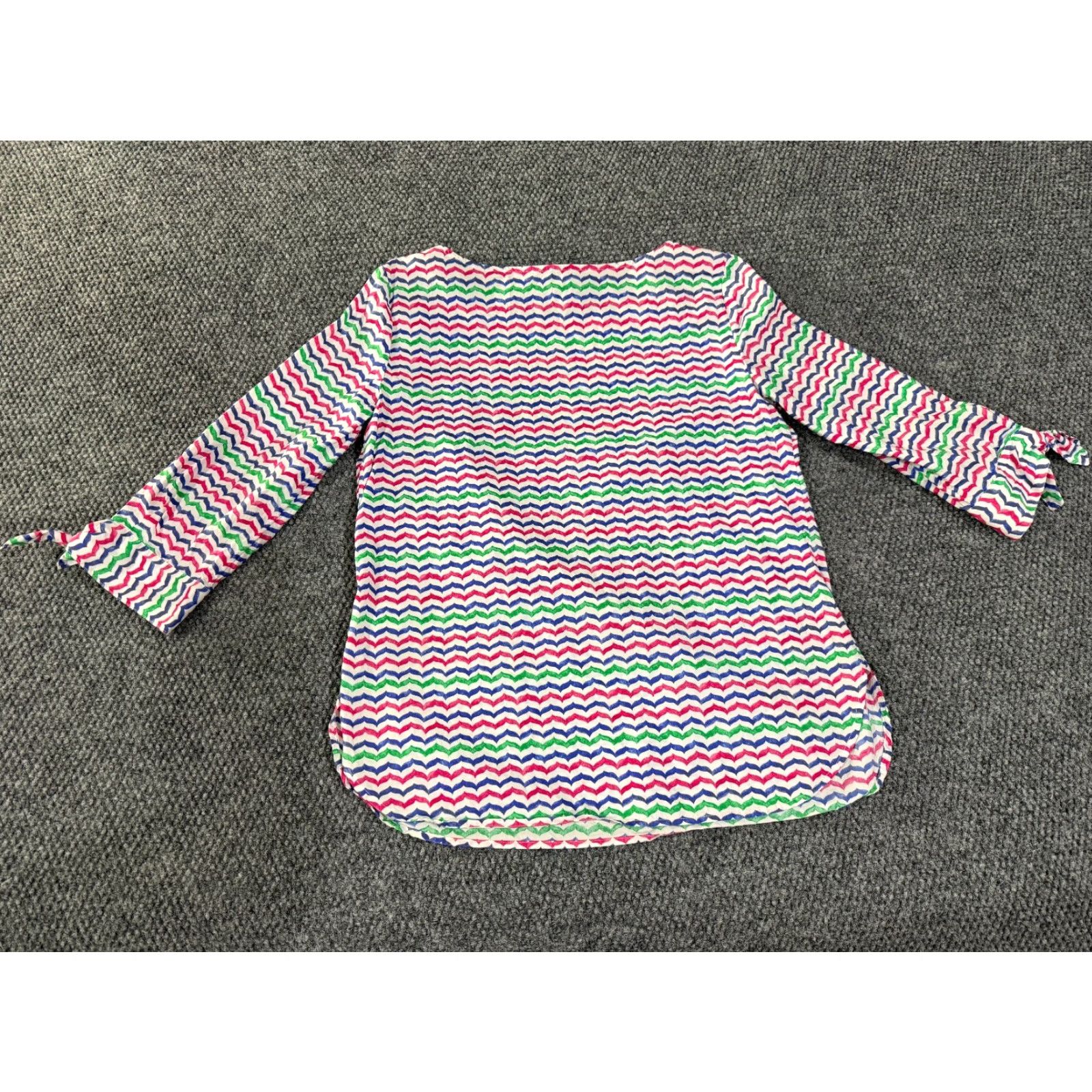 Talbots Talbots Blouse Womens S Pink White Multicolor Chevron Long Sleeve Tie Sleeve Crew Neck Rayon Cotton Button Casual Size S / US 4 / IT 40 - 6 Thumbnail