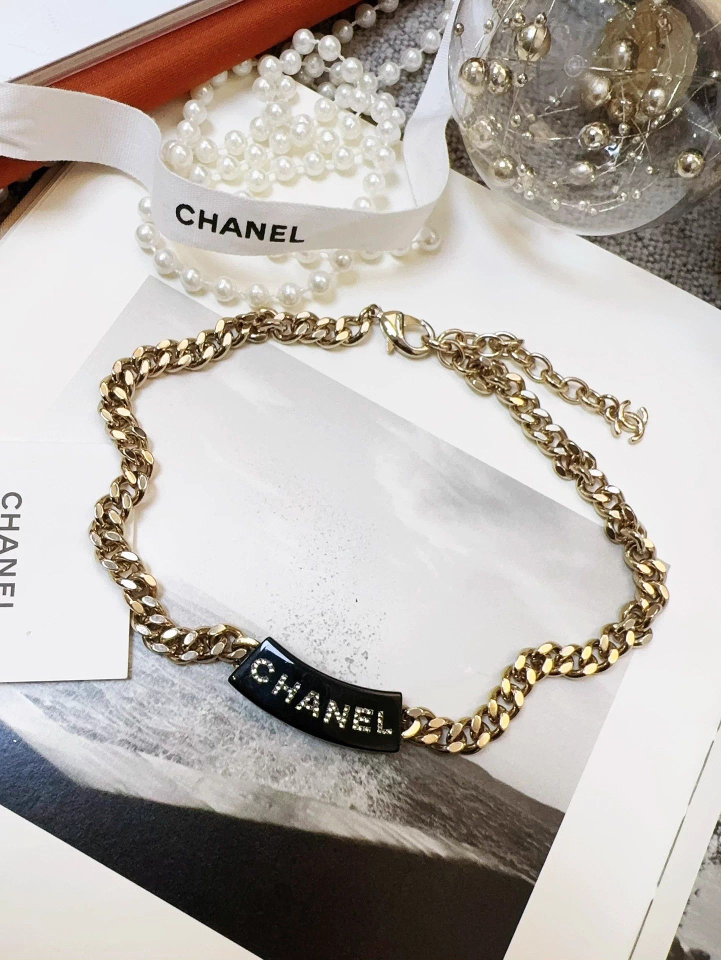 Chanel 22B Black Acrylic Crystal Logo Bracelet