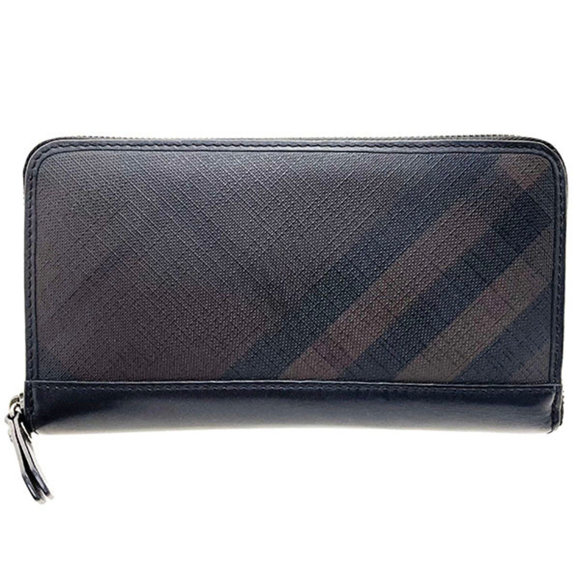 image of Burberry Long Wallet Check Round Pvc Leather Black Burberry Organizer Travel Case Men's Nn-13168