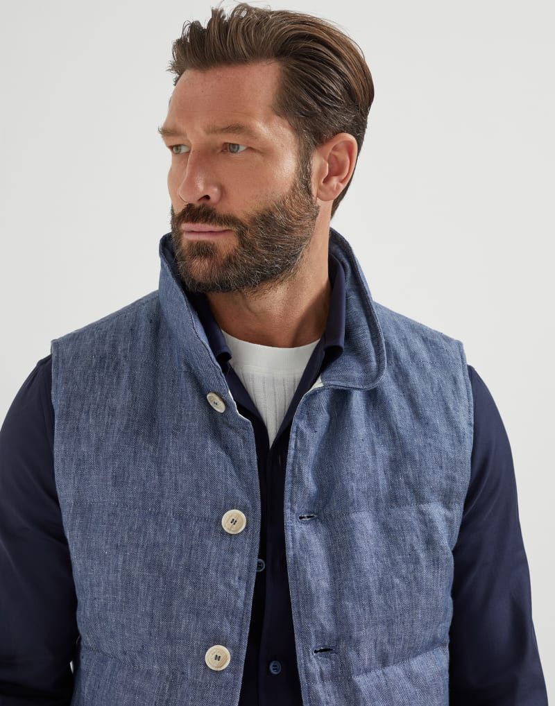 Brunello Cucinelli o1gr1nt0525 Padded Linen Vest in Denim Blue Size US L / EU 52-54 / 3 - 3 Thumbnail